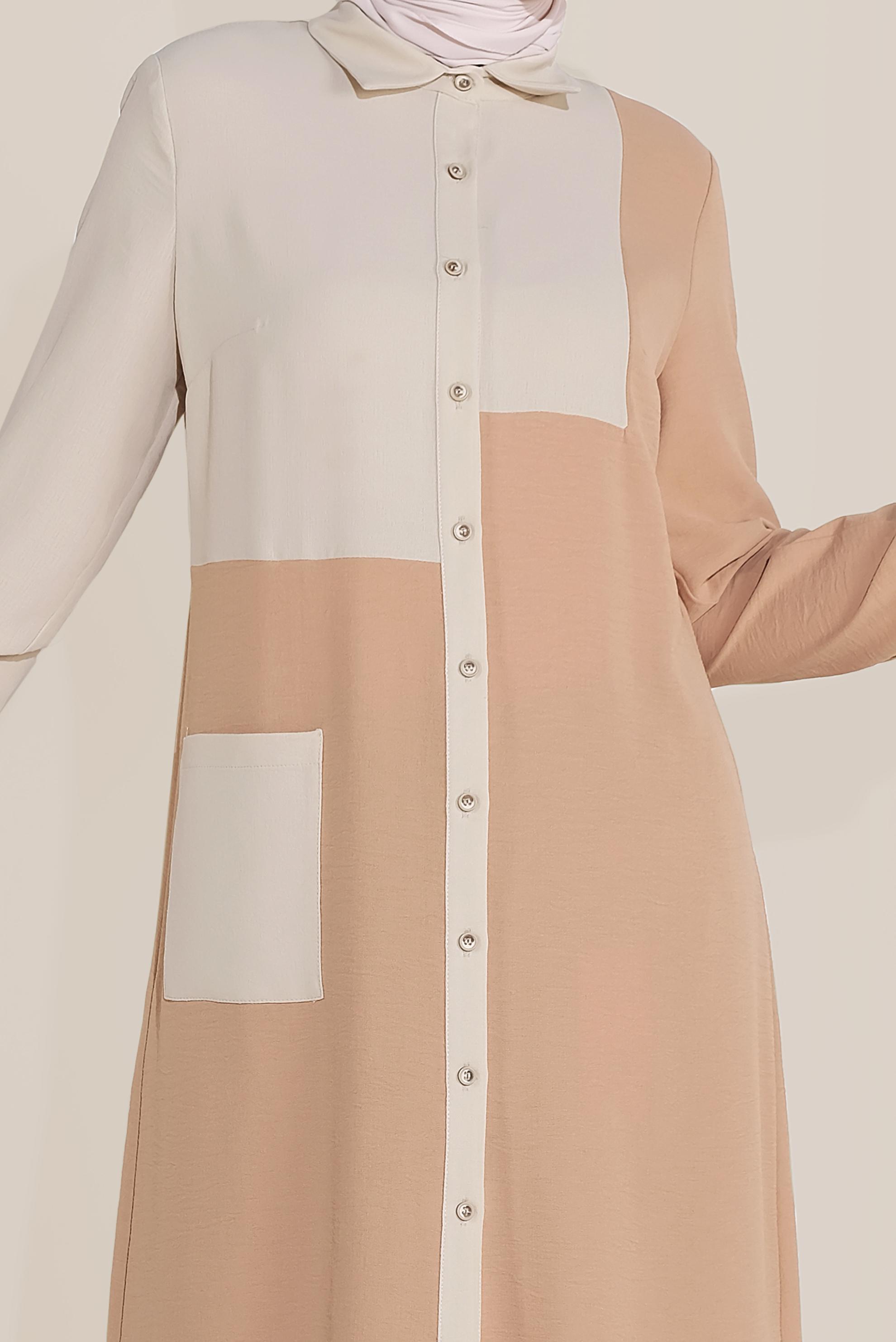 Tesettür giyim KAHVE BOYDAN DÜĞMELİ MİX KUMAŞLI TUNİK  40644 