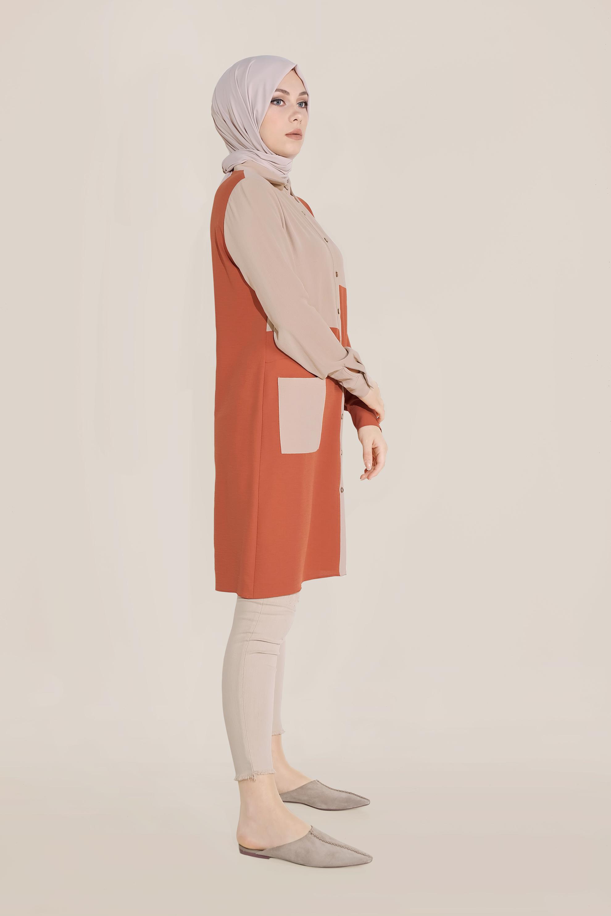 Tesettür giyim TURUNCU BOYDAN DÜĞMELİ MİX KUMAŞLI TUNİK  40644 