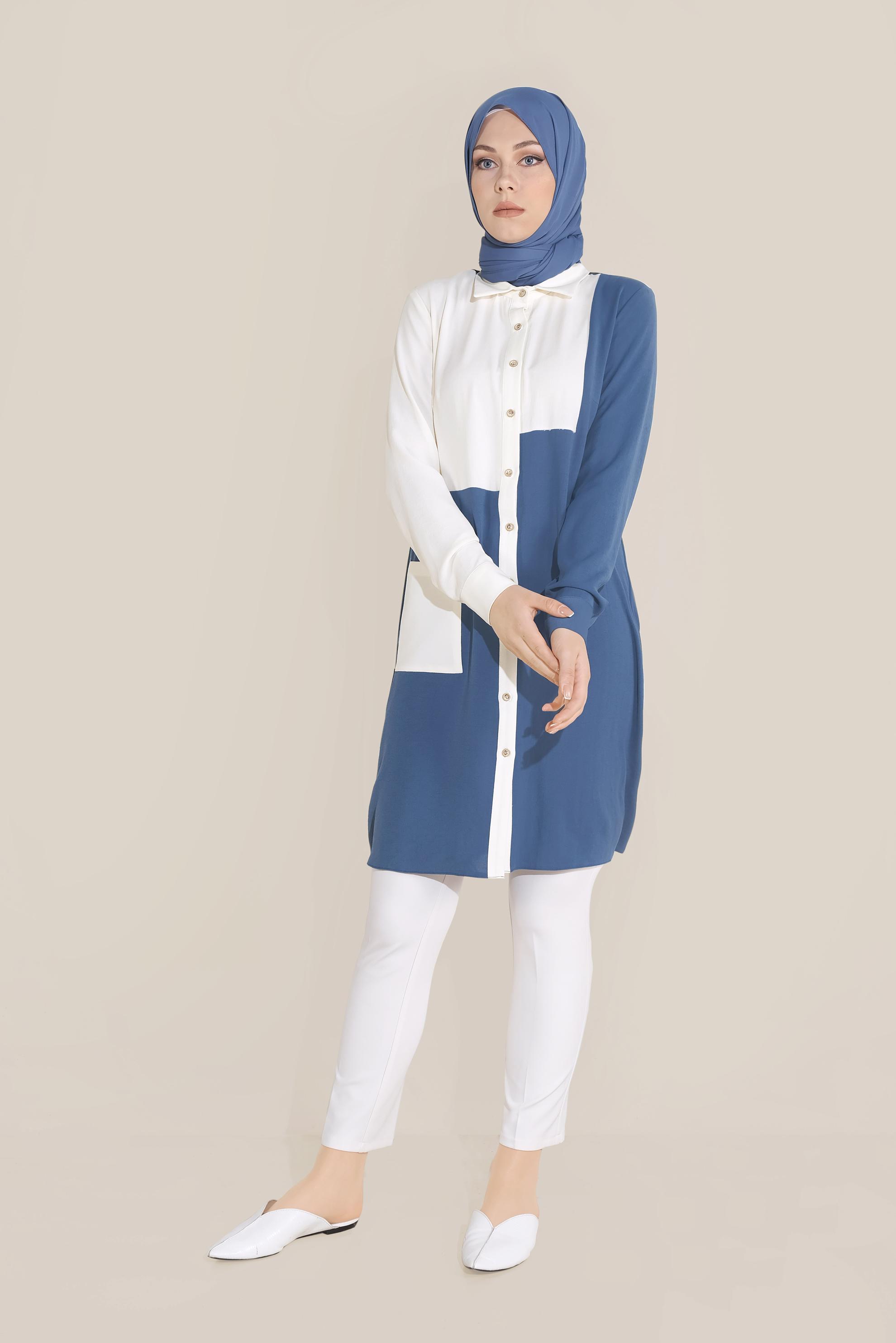 Tesettür giyim LACİVERT BOYDAN DÜĞMELİ MİX KUMAŞLI TUNİK  40644 