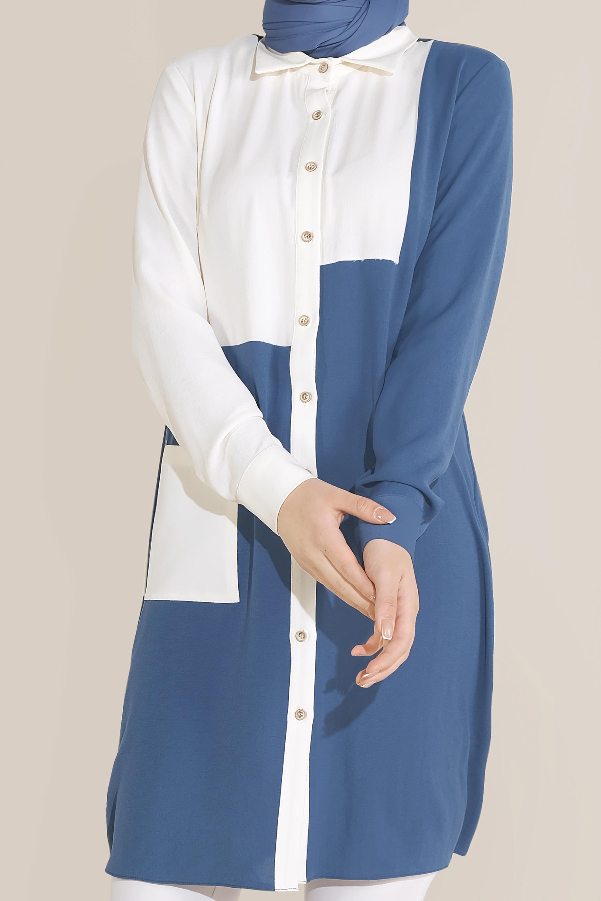 Tesettür giyim LACİVERT BOYDAN DÜĞMELİ MİX KUMAŞLI TUNİK  40644 