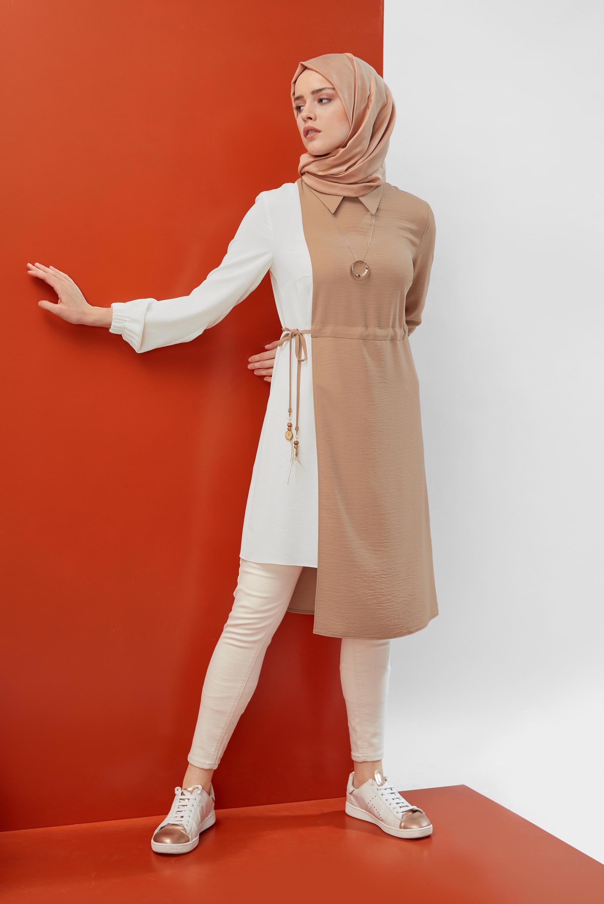 Tesettür giyim KAHVE BELDEN BÜZGÜLÜ KETEN TUNİK 40645