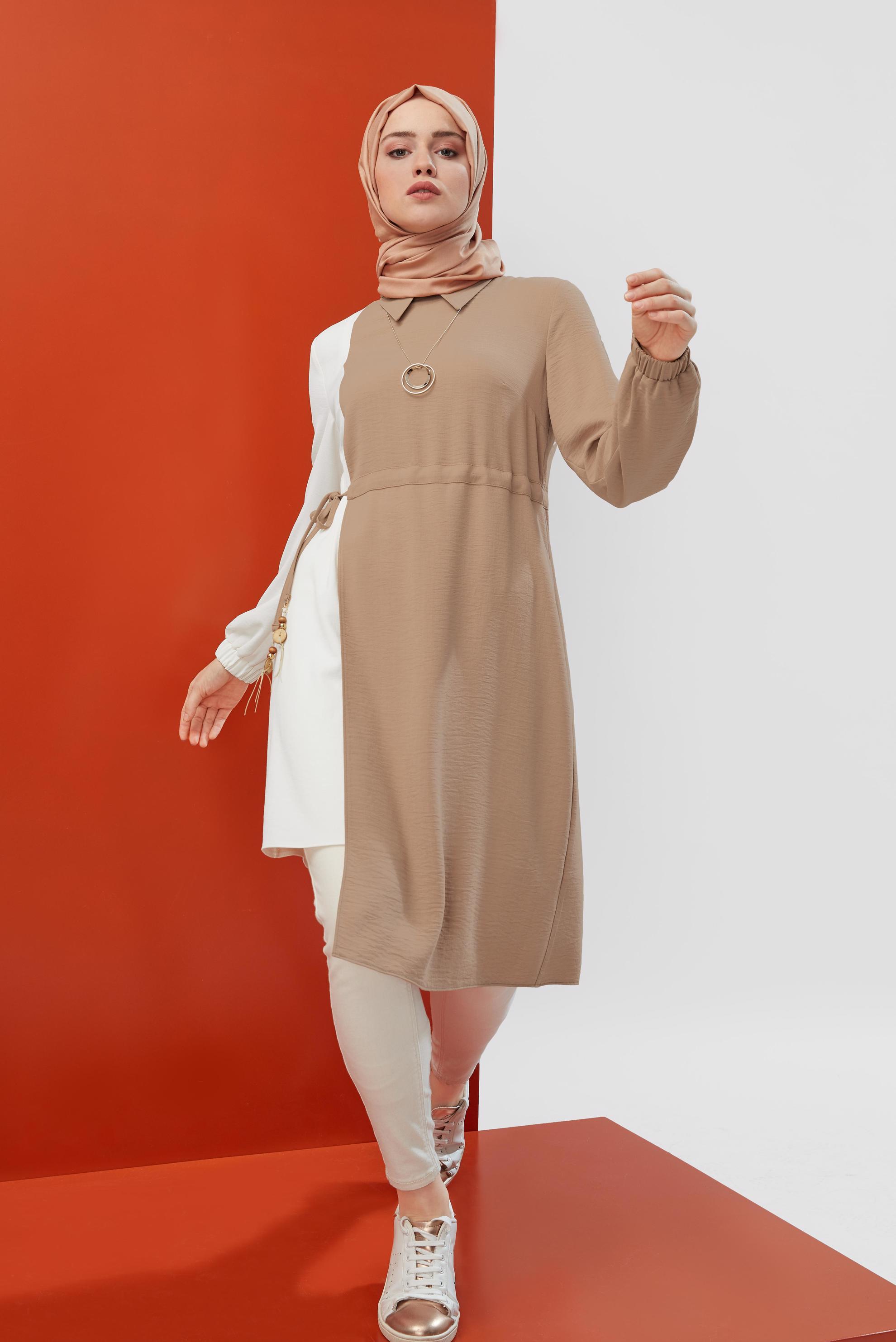 Tesettür giyim KAHVE BELDEN BÜZGÜLÜ KETEN TUNİK 40645