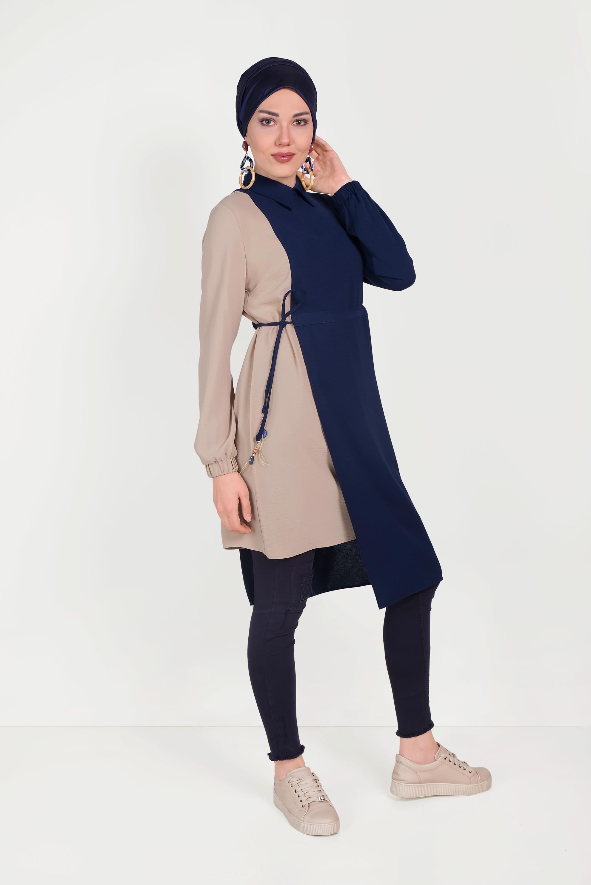 Hijab clothing NAVY BLUE 40645 EVA KETEN TUNİK 36/44