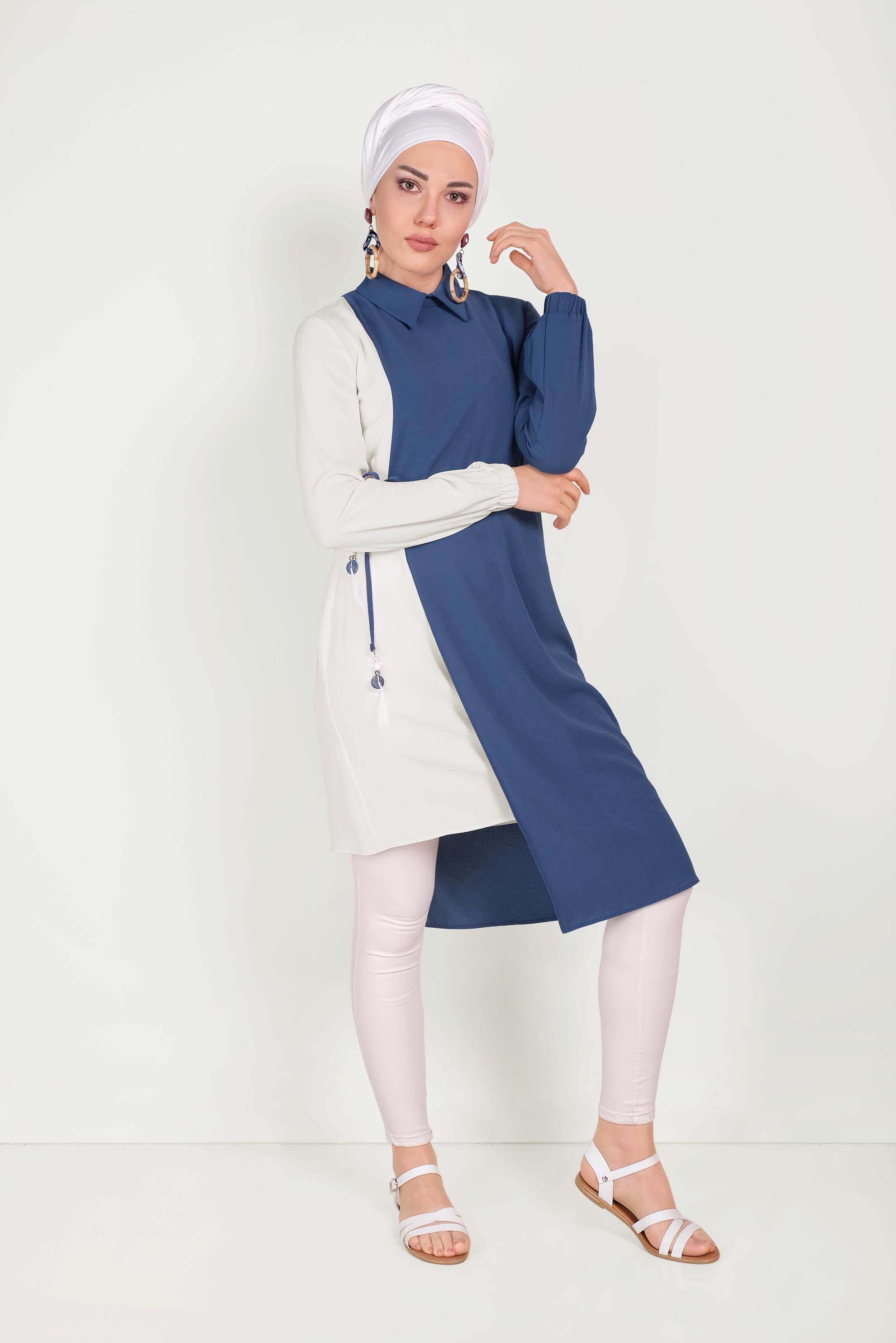 Hijab clothing NAVY BLUE 40645 EVA KETEN TUNİK 36/44