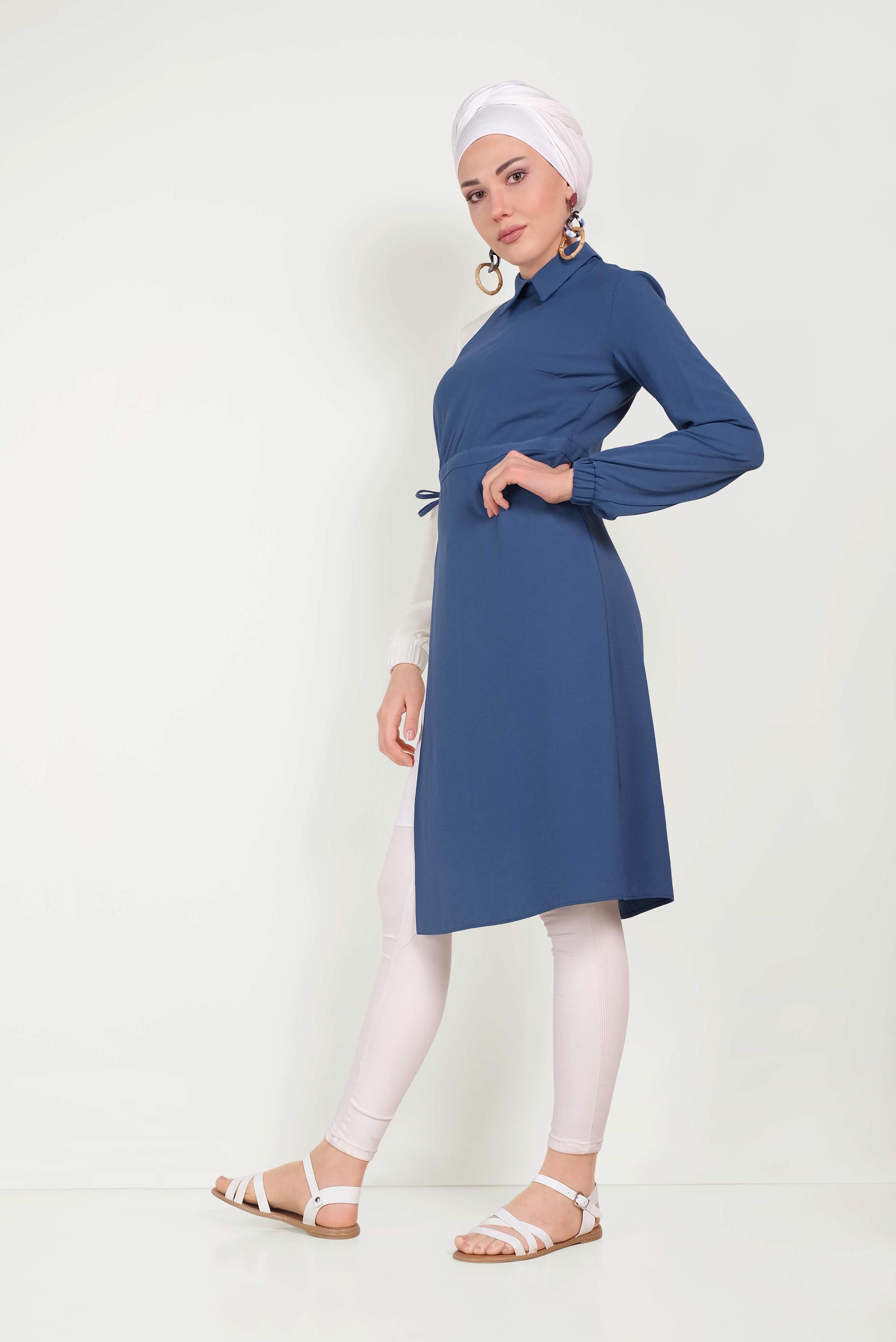 Hijab clothing NAVY BLUE 40645 EVA KETEN TUNİK 36/44