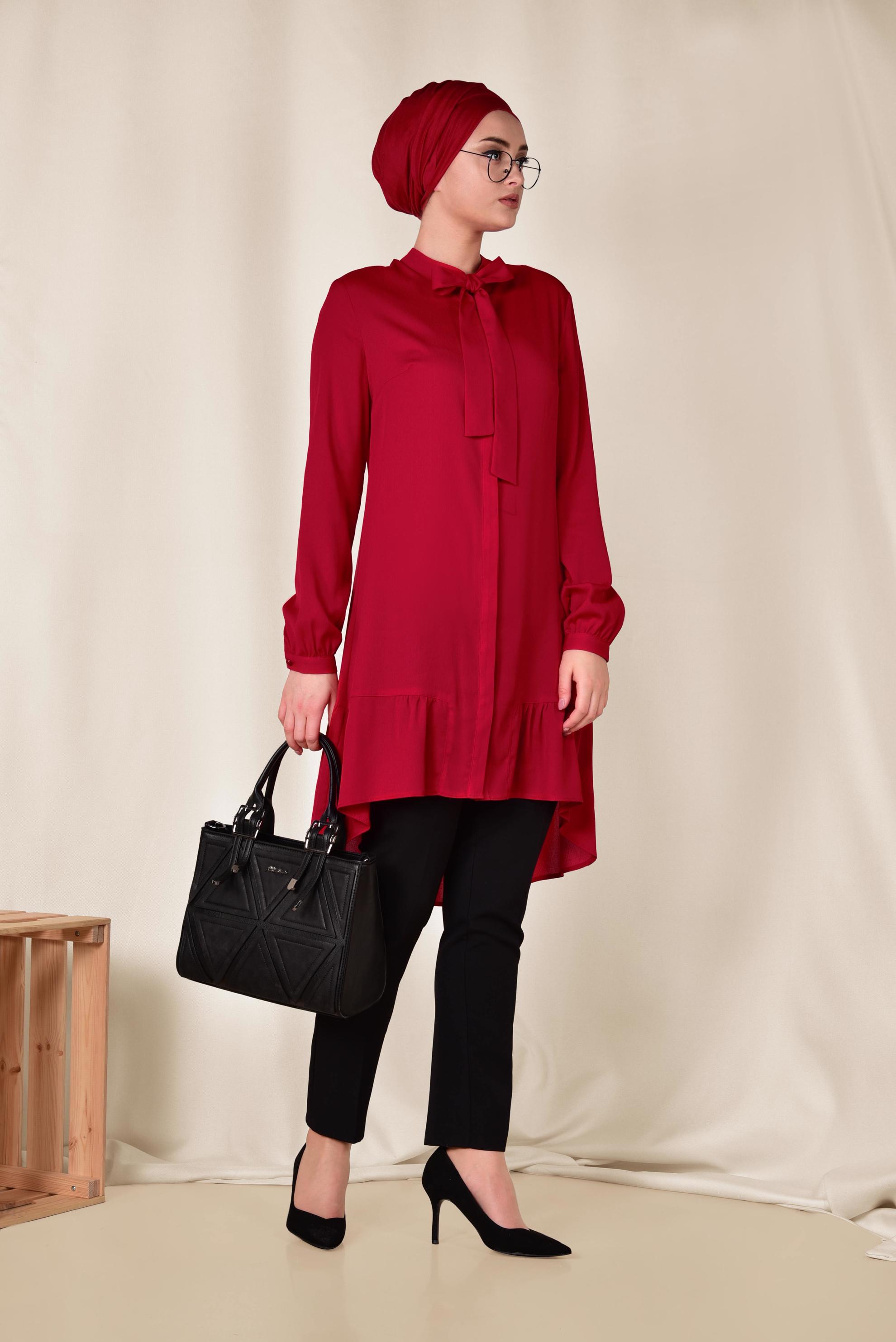 Tesettür giyim KIRMIZI ETEK UCU PİLİSELİ YAKASI BAĞCIKLI TUNİK 4066