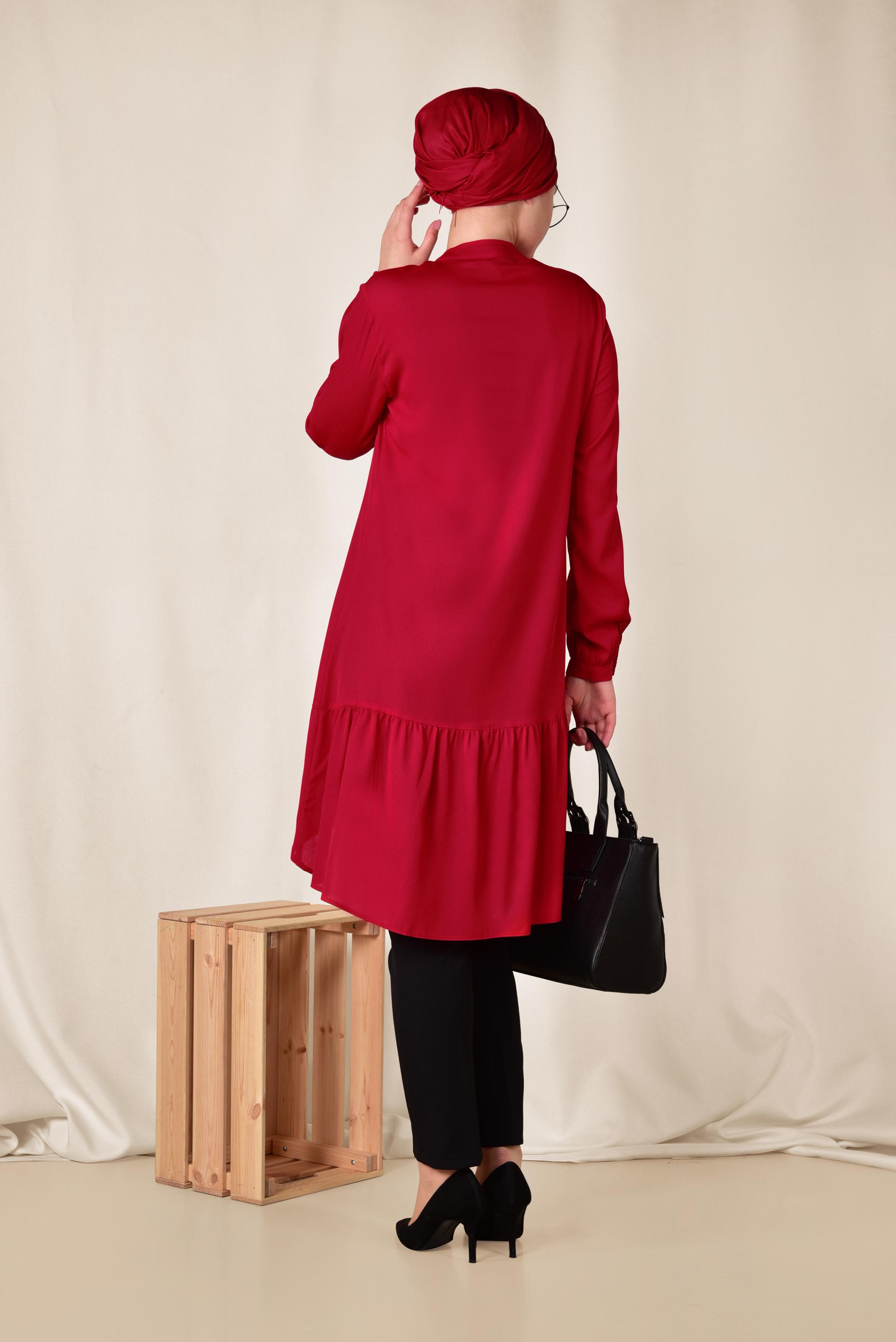 Tesettür giyim KIRMIZI ETEK UCU PİLİSELİ YAKASI BAĞCIKLI TUNİK 4066