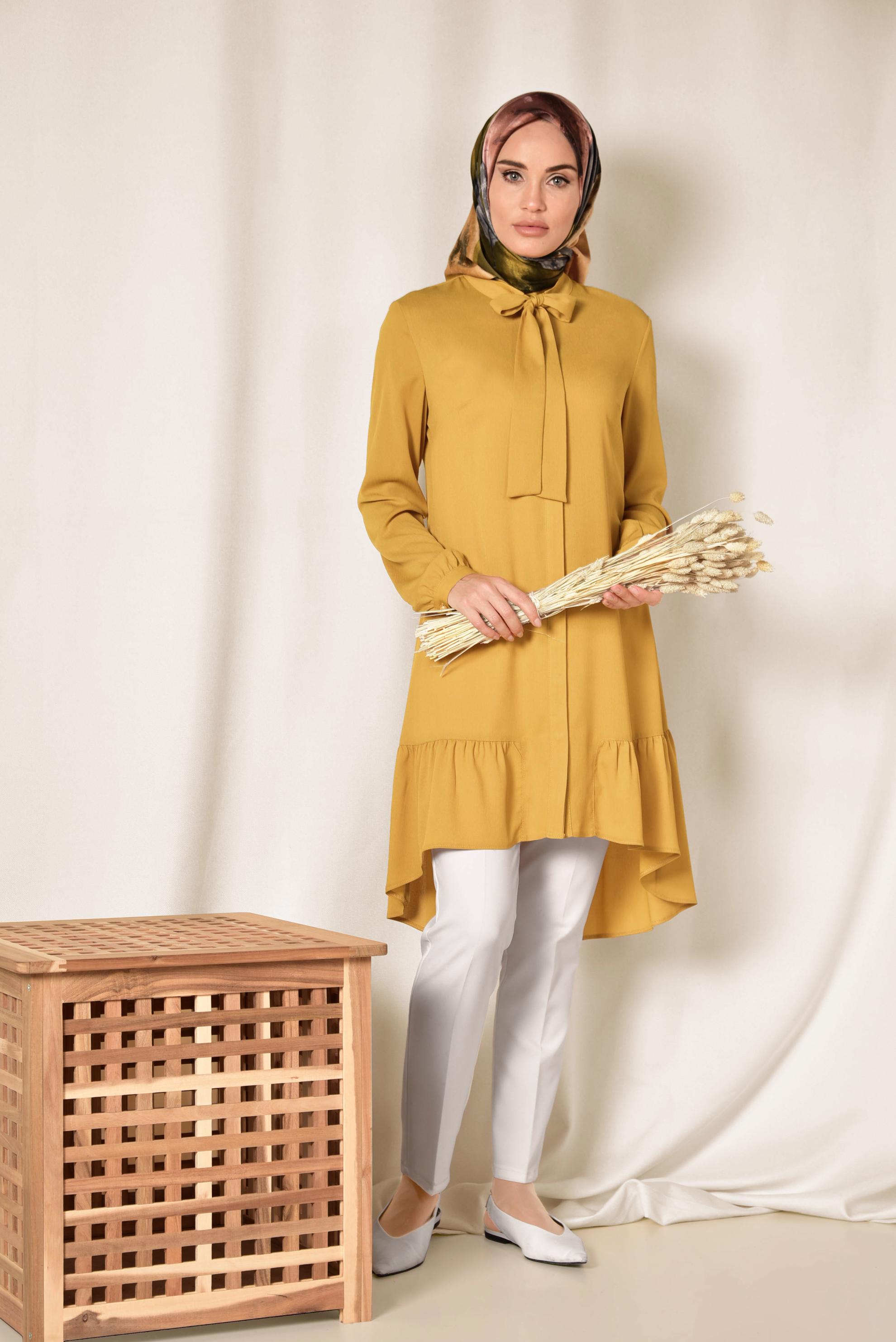 Tesettür giyim SARI ETEK UCU PİLİSELİ YAKASI BAĞCIKLI TUNİK 4066