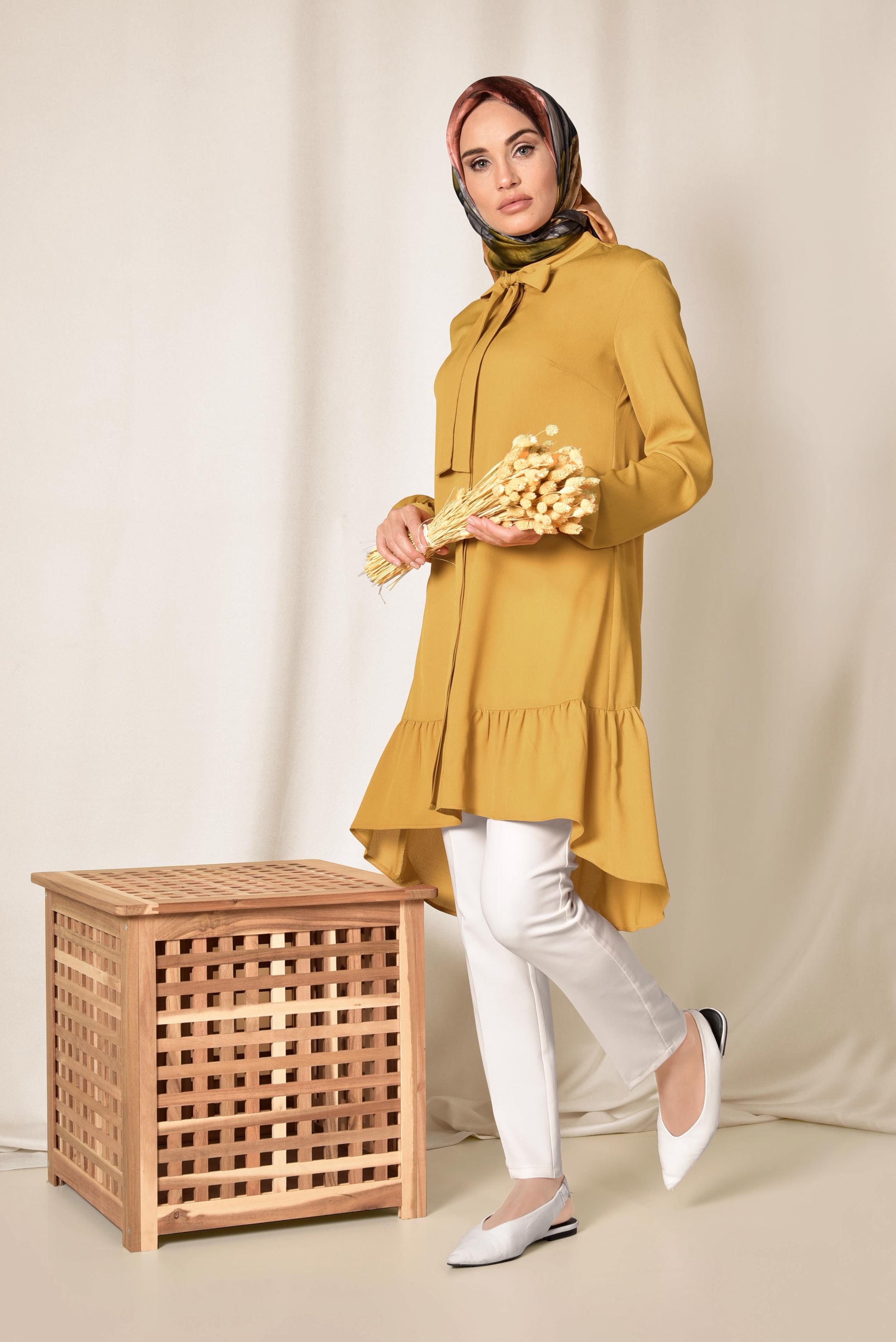 Tesettür giyim SARI ETEK UCU PİLİSELİ YAKASI BAĞCIKLI TUNİK 4066