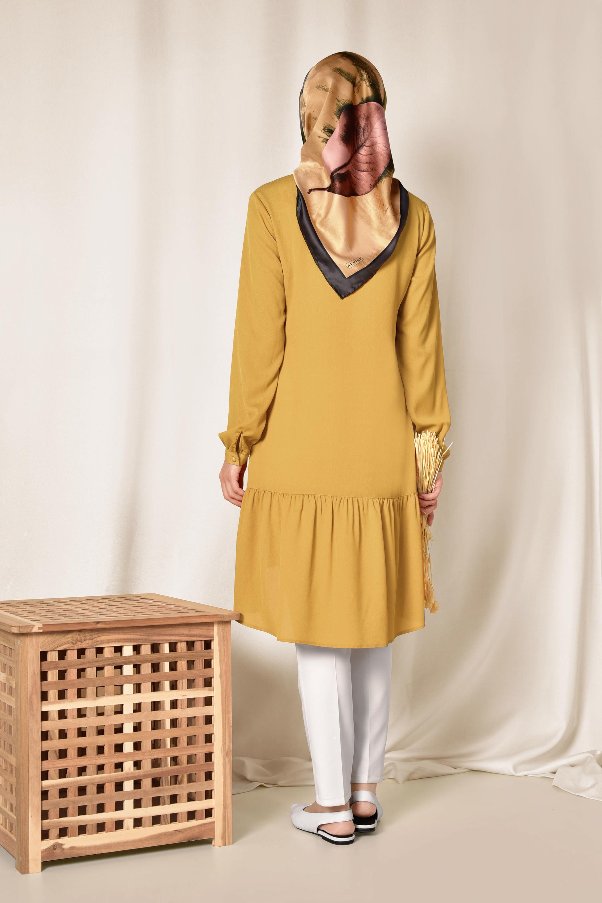 Tesettür giyim SARI ETEK UCU PİLİSELİ YAKASI BAĞCIKLI TUNİK 4066