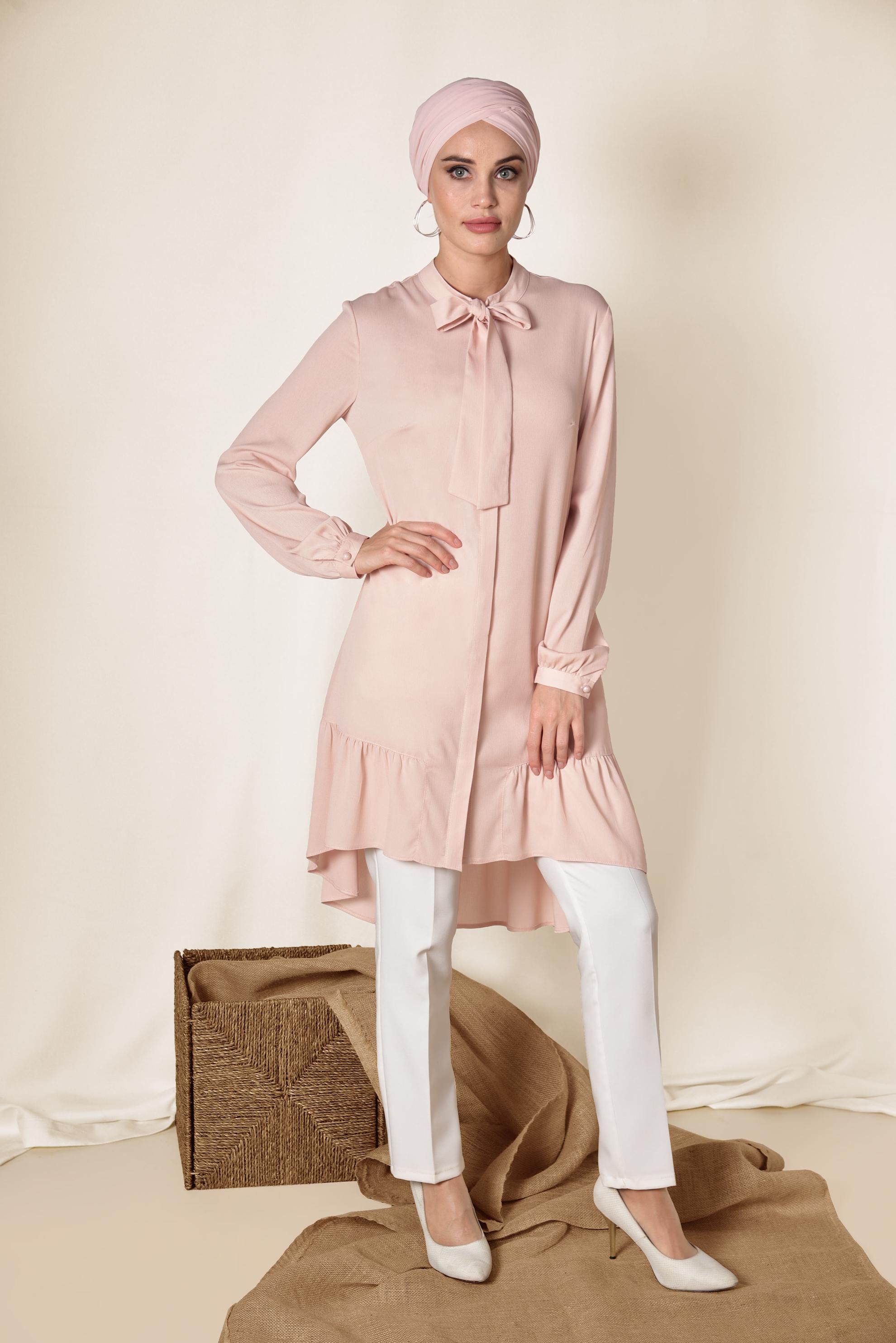 Tesettür giyim PUDRA ETEK UCU PİLİSELİ YAKASI BAĞCIKLI TUNİK 4066