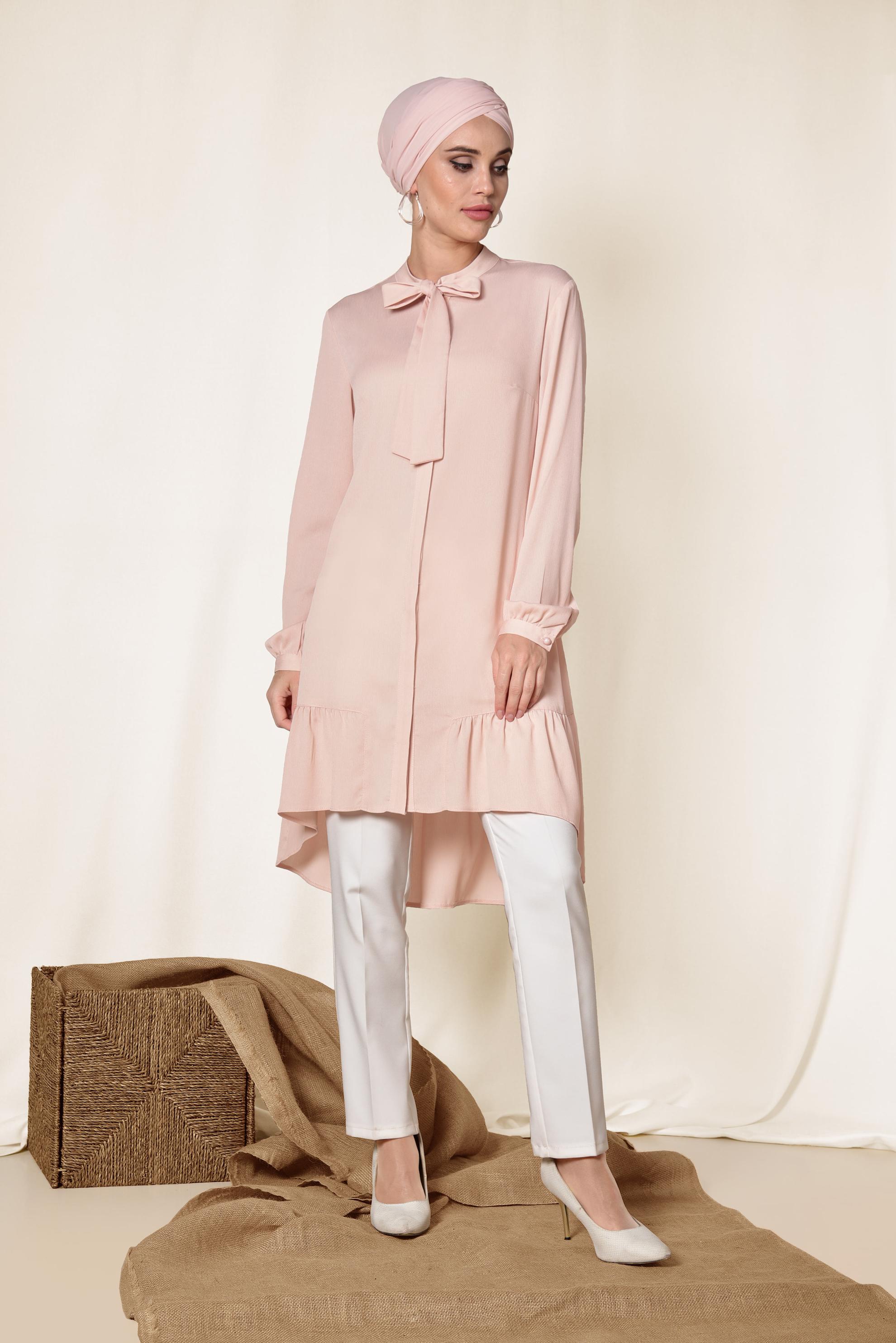 Tesettür giyim PUDRA ETEK UCU PİLİSELİ YAKASI BAĞCIKLI TUNİK 4066