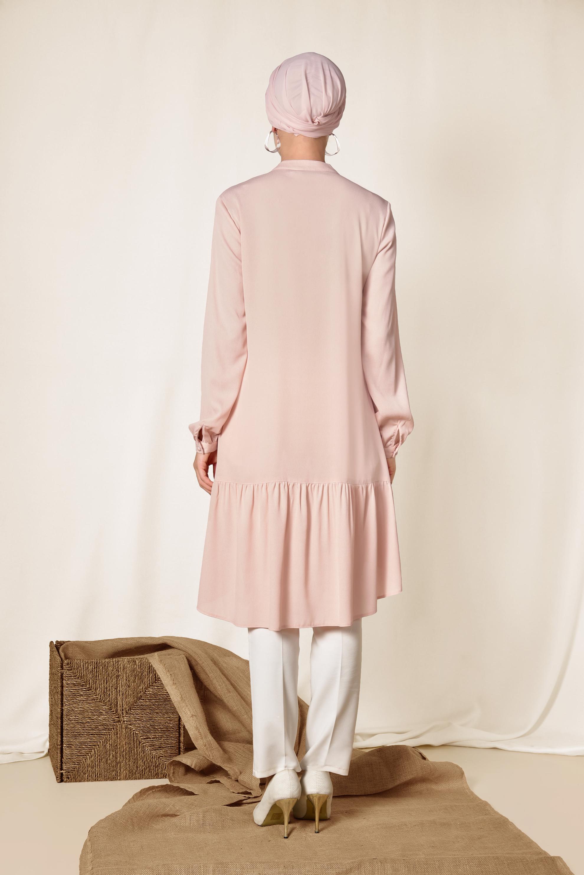 Tesettür giyim PUDRA ETEK UCU PİLİSELİ YAKASI BAĞCIKLI TUNİK 4066