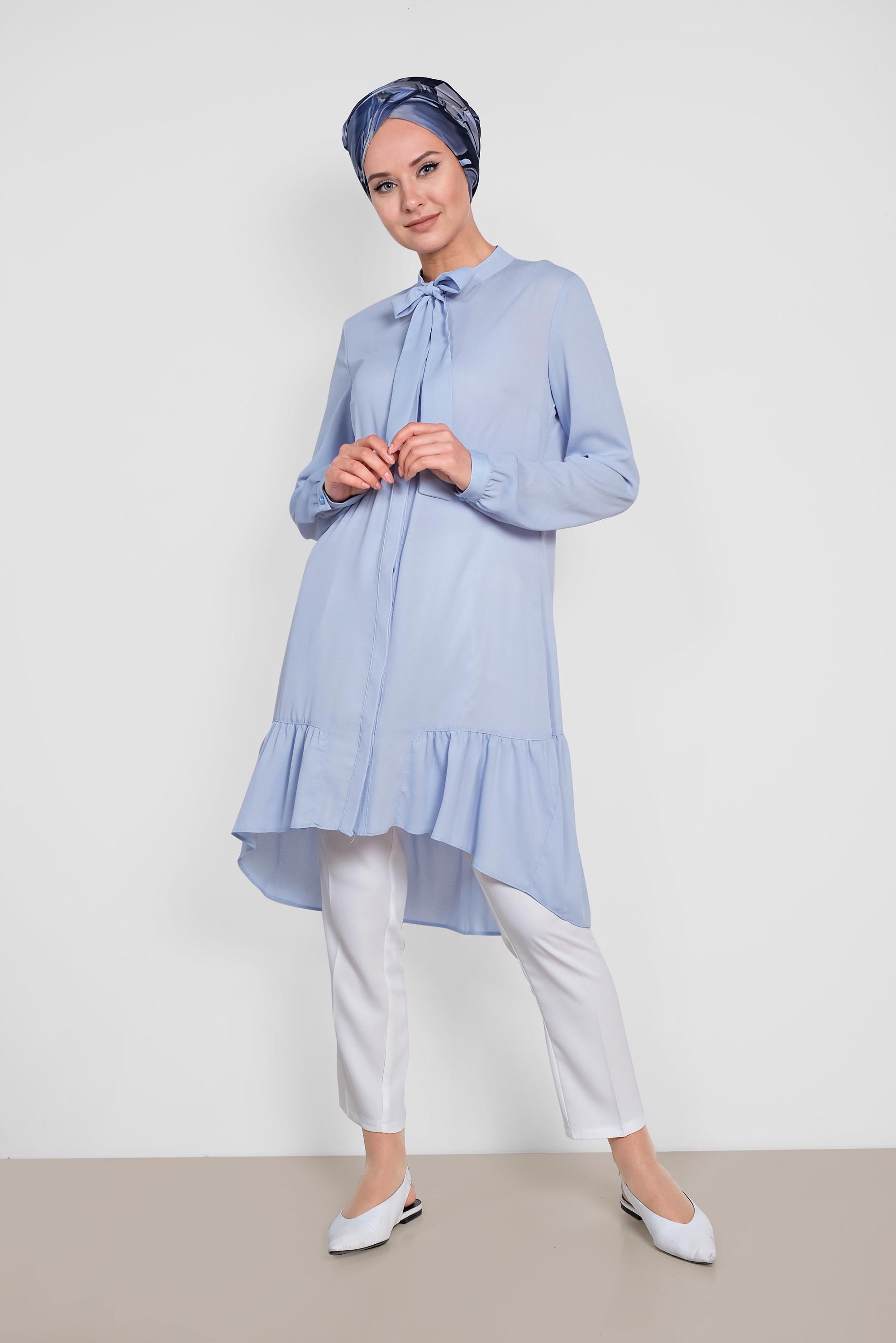 Tesettür giyim MAVİ ETEK UCU PİLİSELİ YAKASI BAĞCIKLI TUNİK 4066