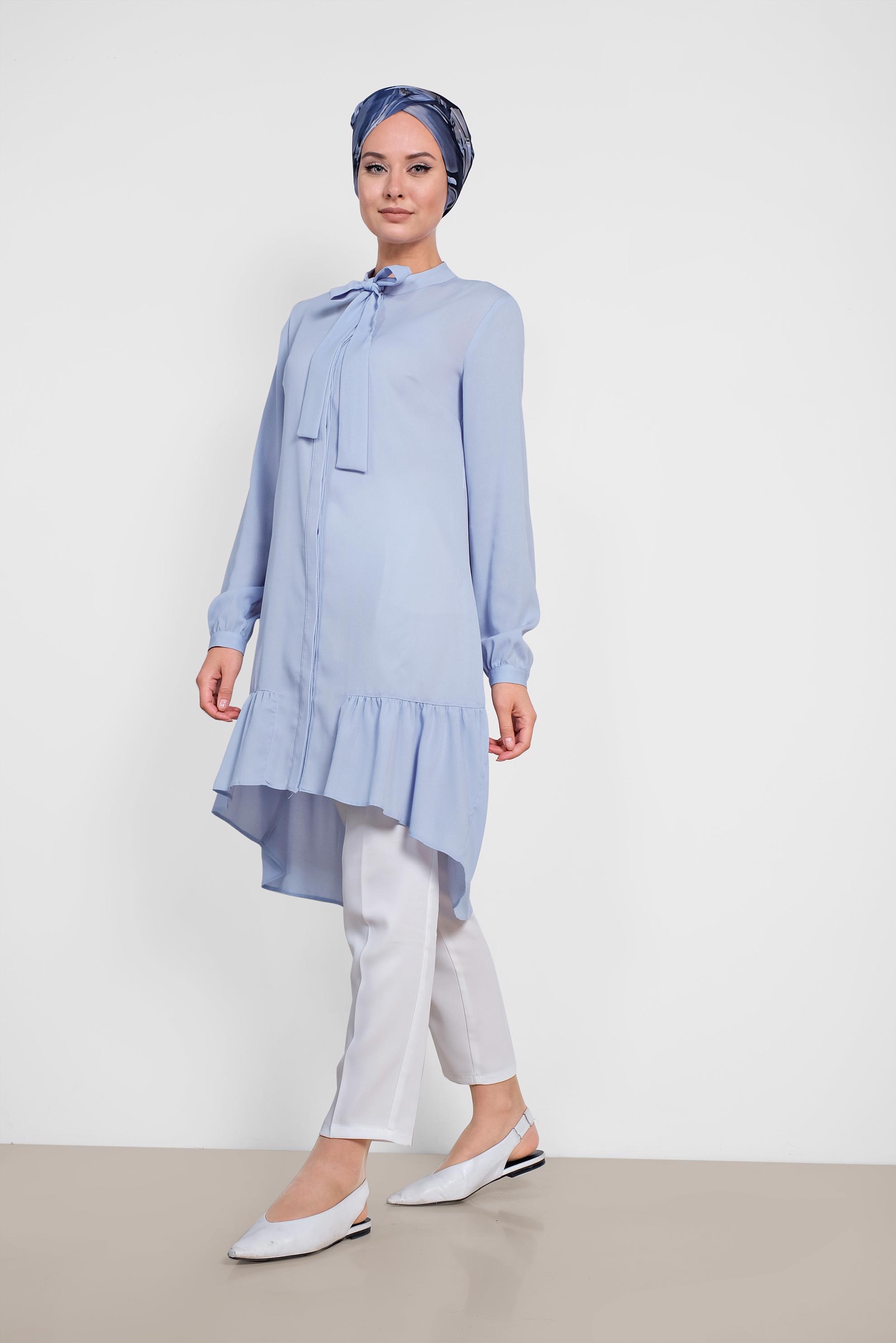 Tesettür giyim MAVİ ETEK UCU PİLİSELİ YAKASI BAĞCIKLI TUNİK 4066