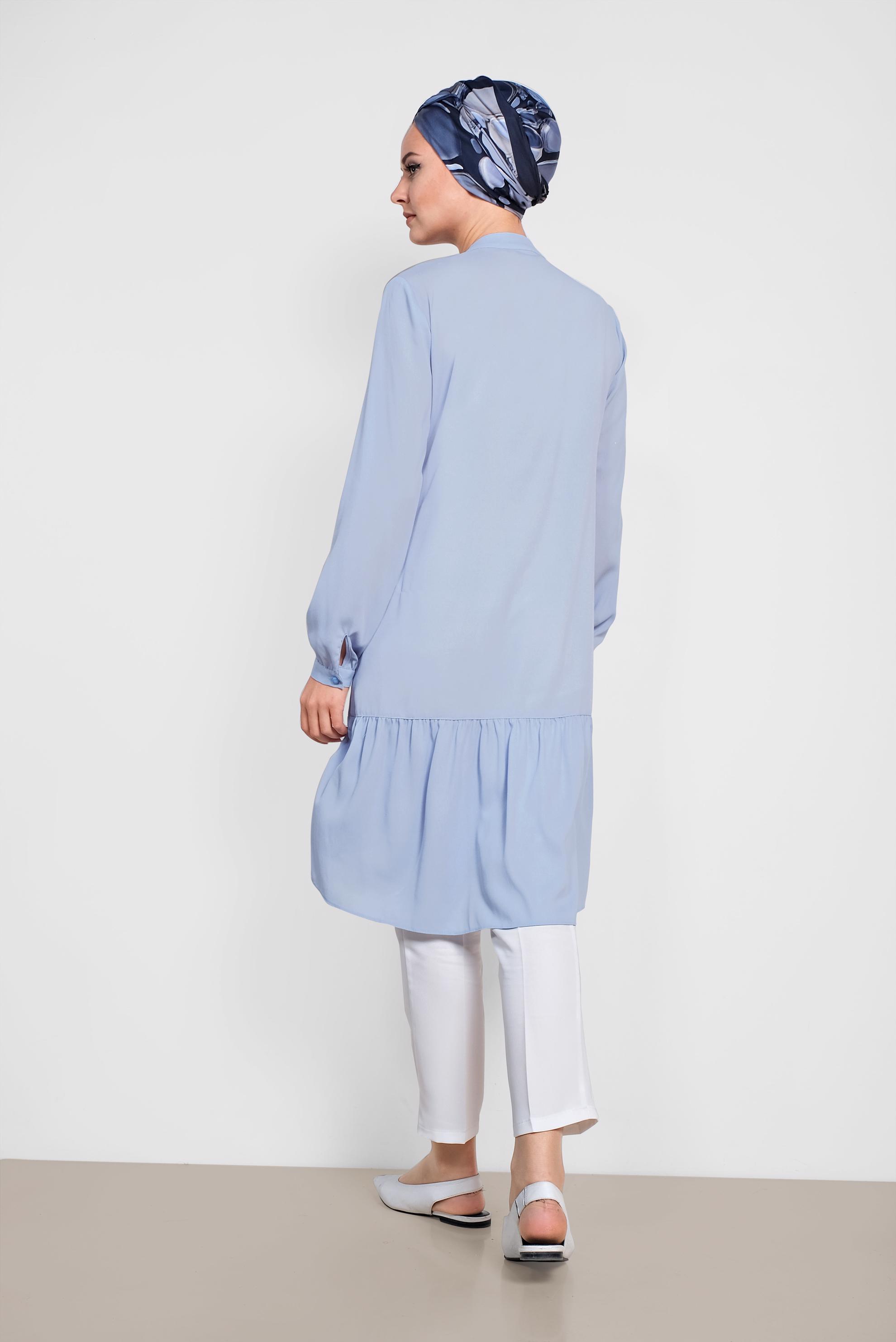 Tesettür giyim MAVİ ETEK UCU PİLİSELİ YAKASI BAĞCIKLI TUNİK 4066