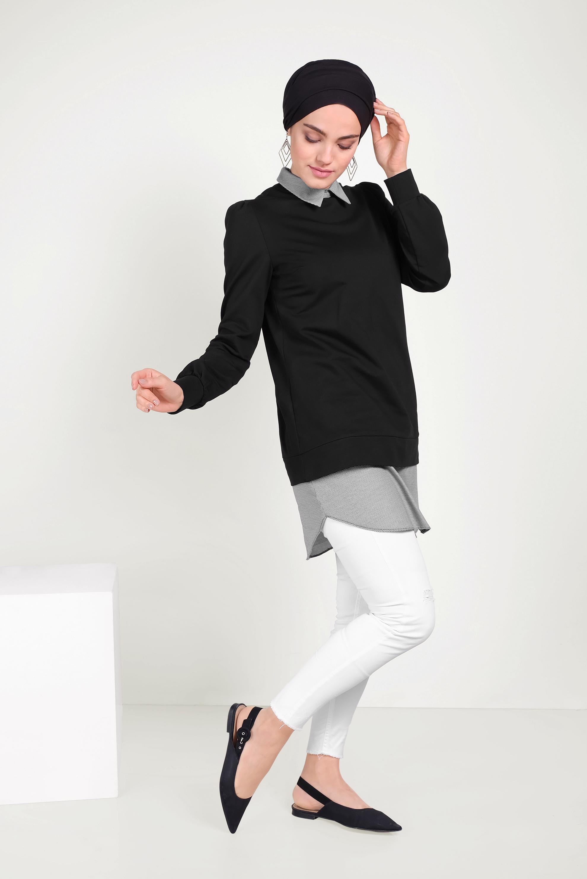 Tesettür giyim SİYAH GÖMLEK PARÇALI SİVRİ YAKA TUNİK 40665