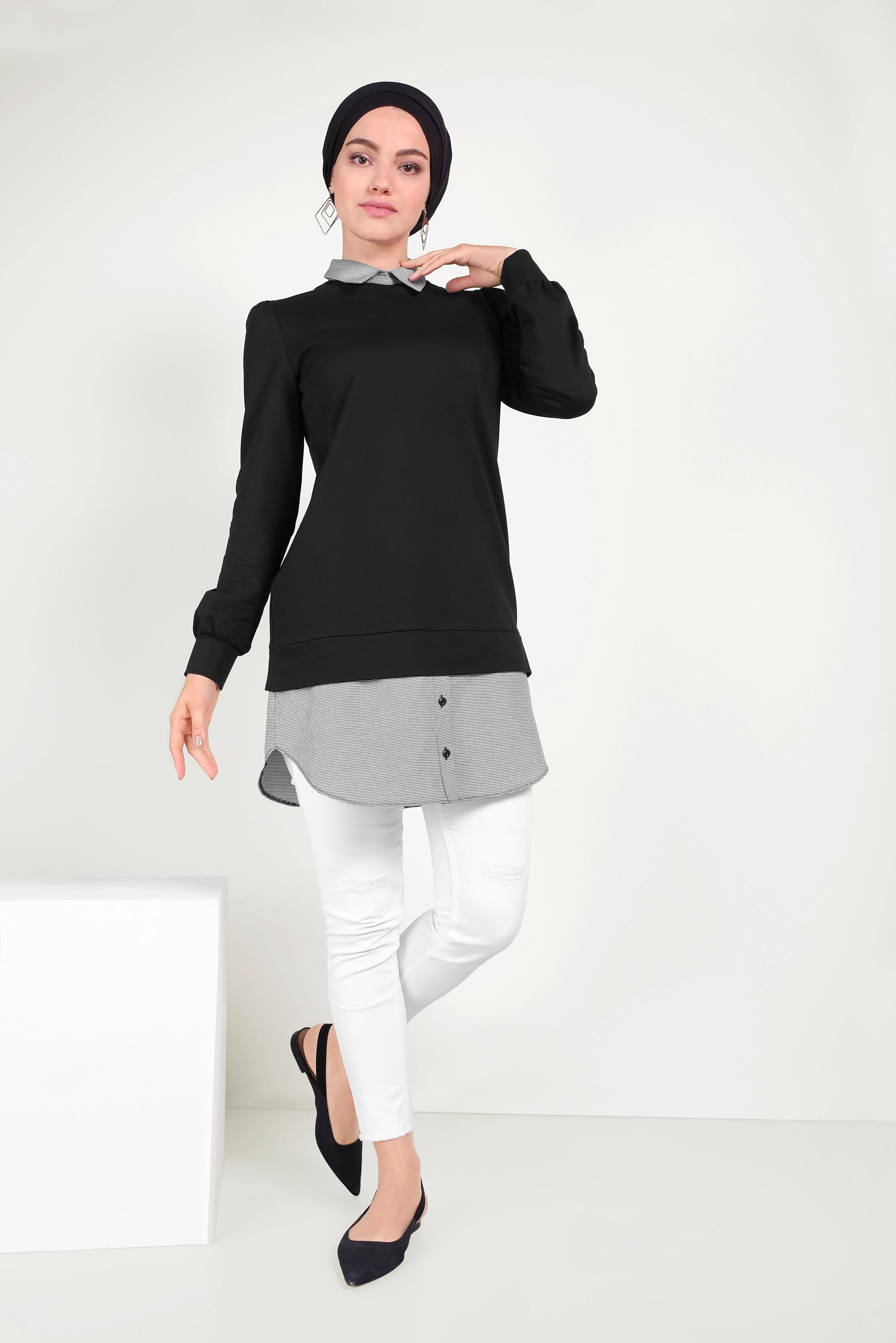 Tesettür giyim SİYAH GÖMLEK PARÇALI SİVRİ YAKA TUNİK 40665