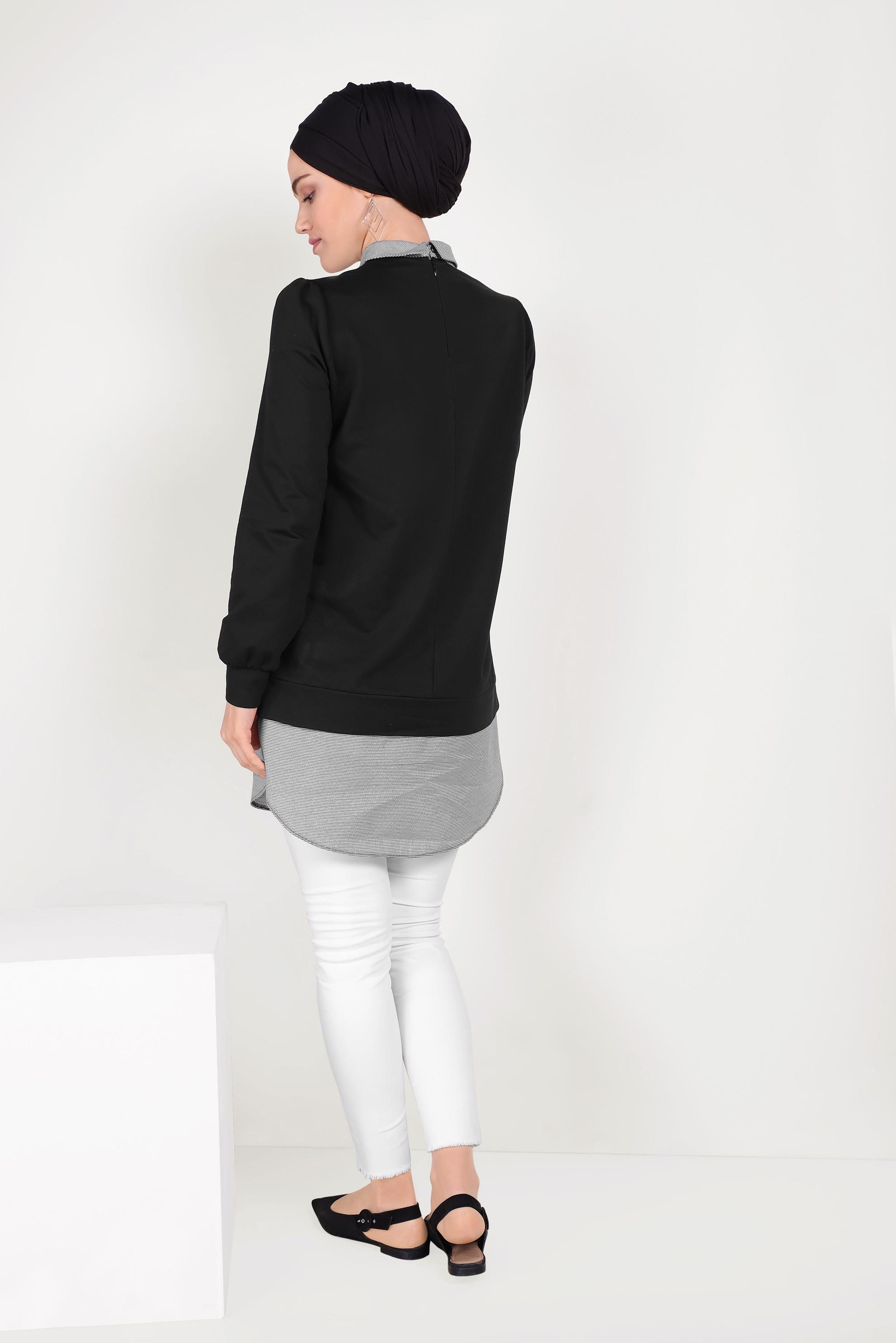 Tesettür giyim SİYAH GÖMLEK PARÇALI SİVRİ YAKA TUNİK 40665