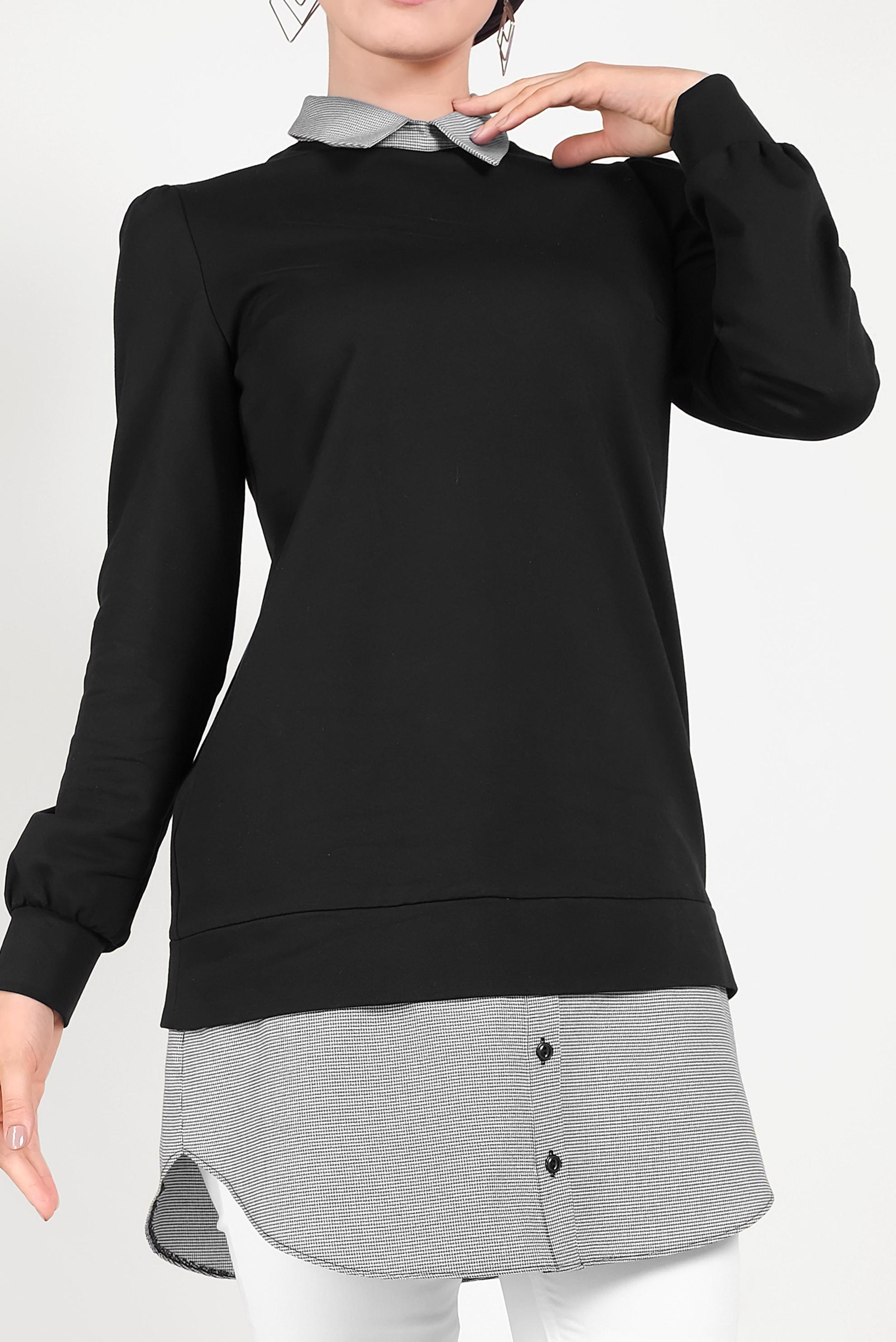 Tesettür giyim SİYAH GÖMLEK PARÇALI SİVRİ YAKA TUNİK 40665