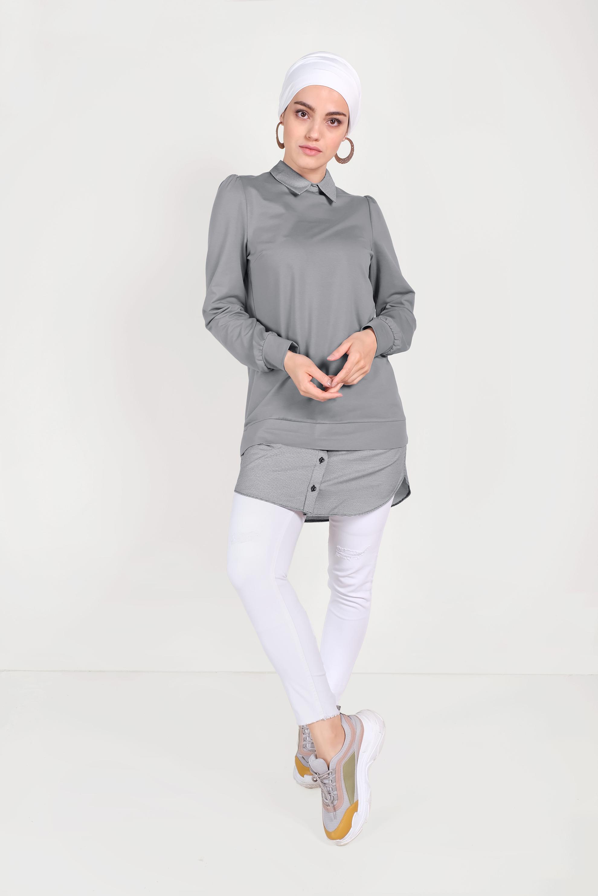 Tesettür giyim GRİ GÖMLEK PARÇALI SİVRİ YAKA TUNİK 40665