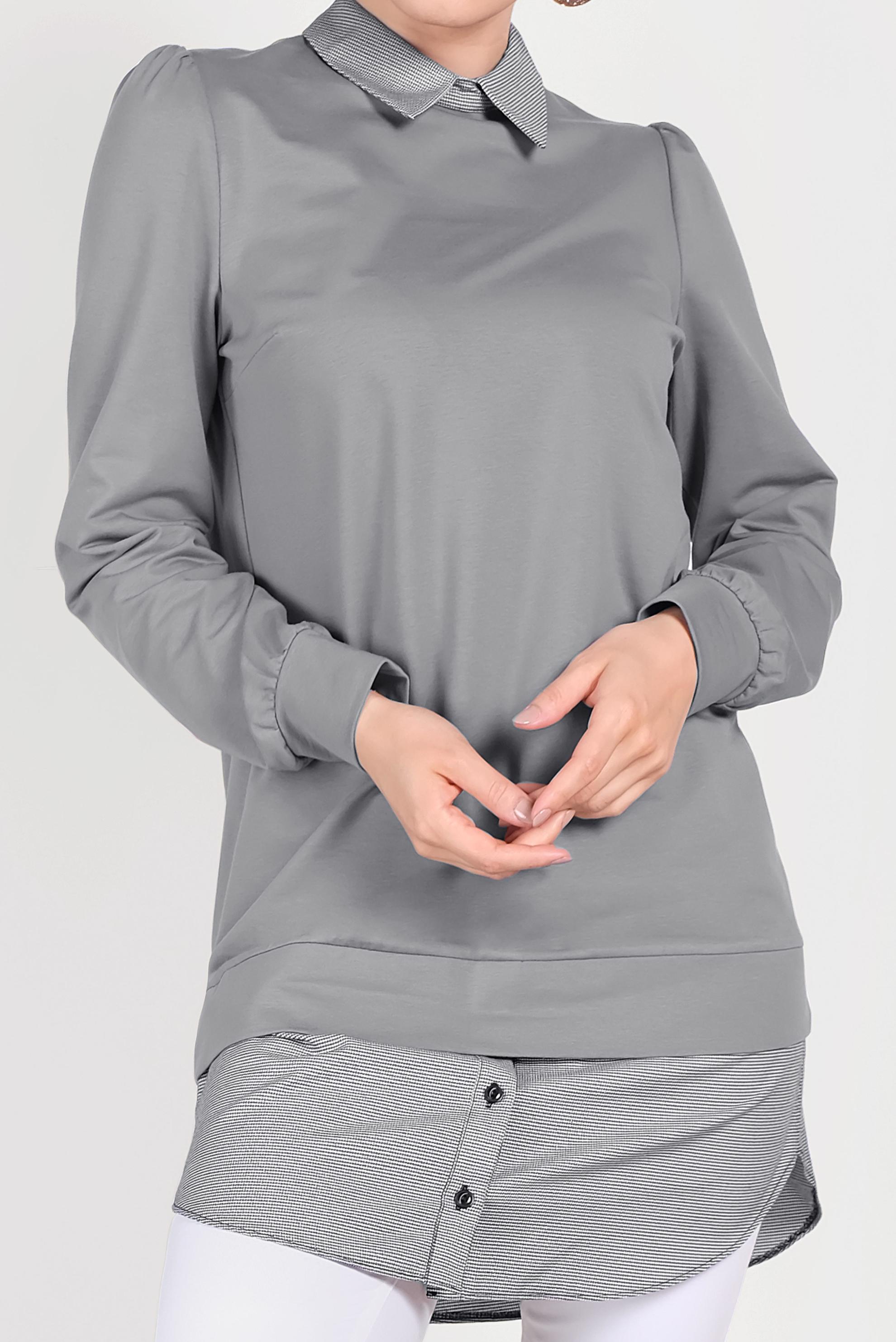 Tesettür giyim GRİ GÖMLEK PARÇALI SİVRİ YAKA TUNİK 40665