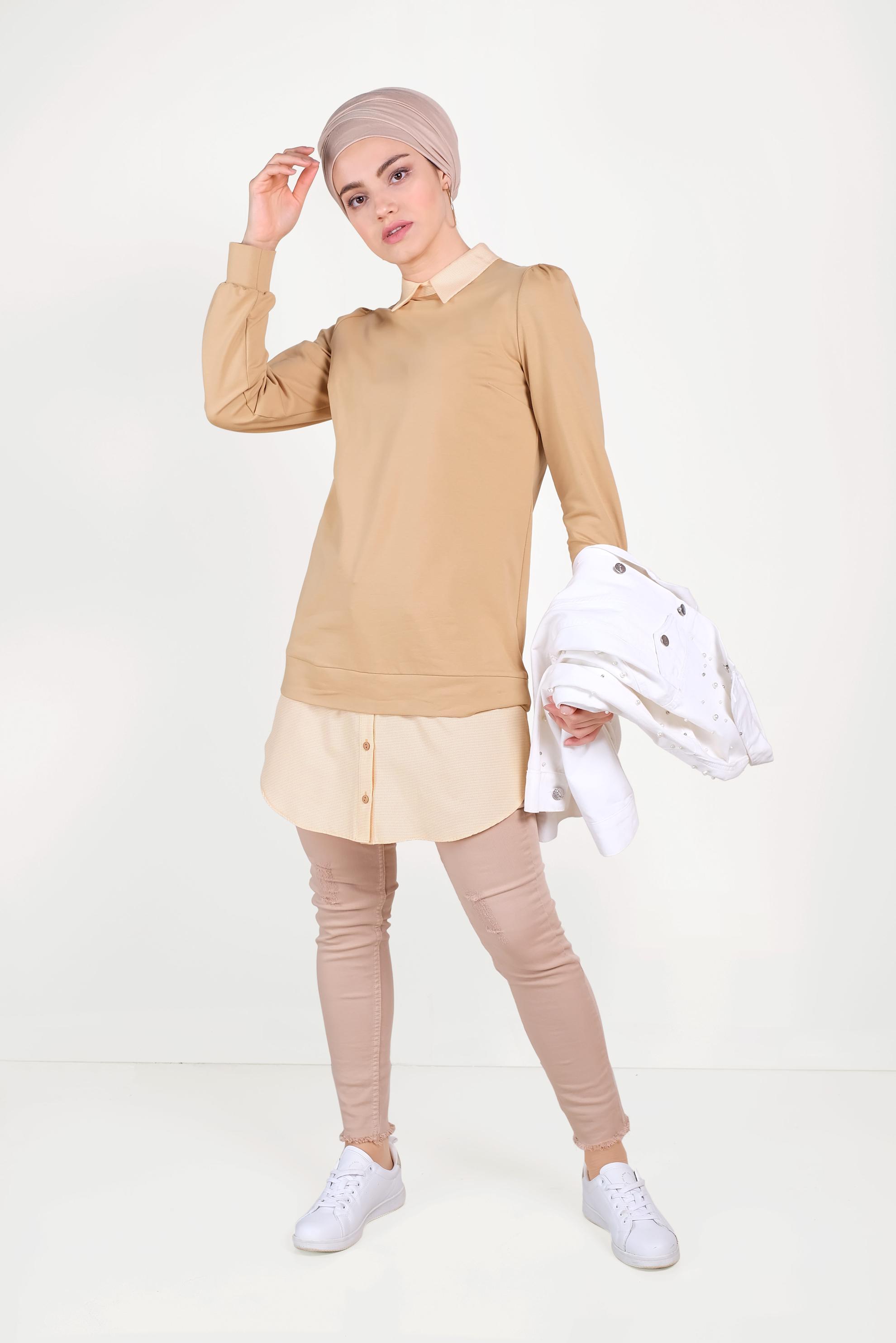 Tesettür giyim KAHVE GÖMLEK PARÇALI SİVRİ YAKA TUNİK 40665