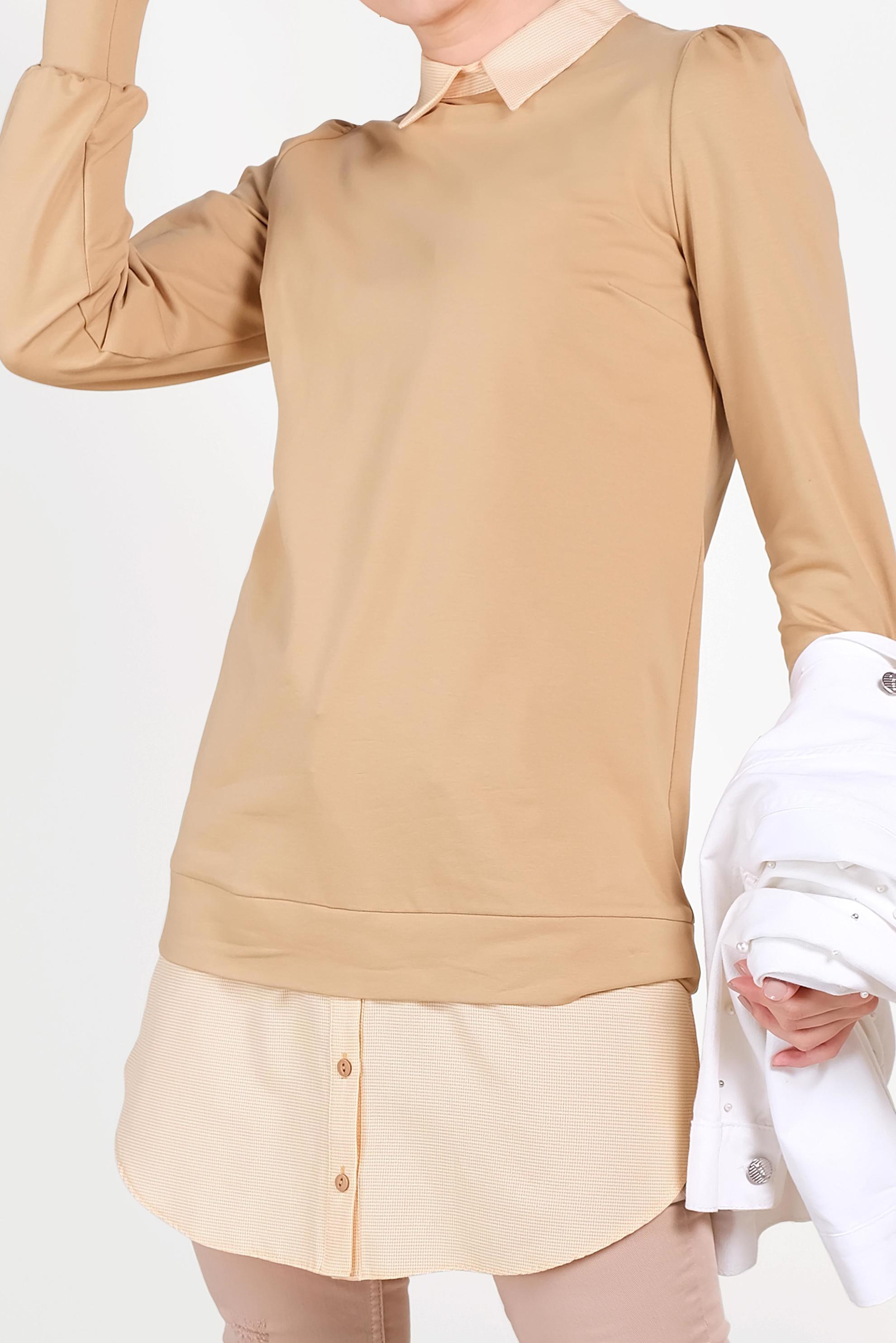 Tesettür giyim KAHVE GÖMLEK PARÇALI SİVRİ YAKA TUNİK 40665