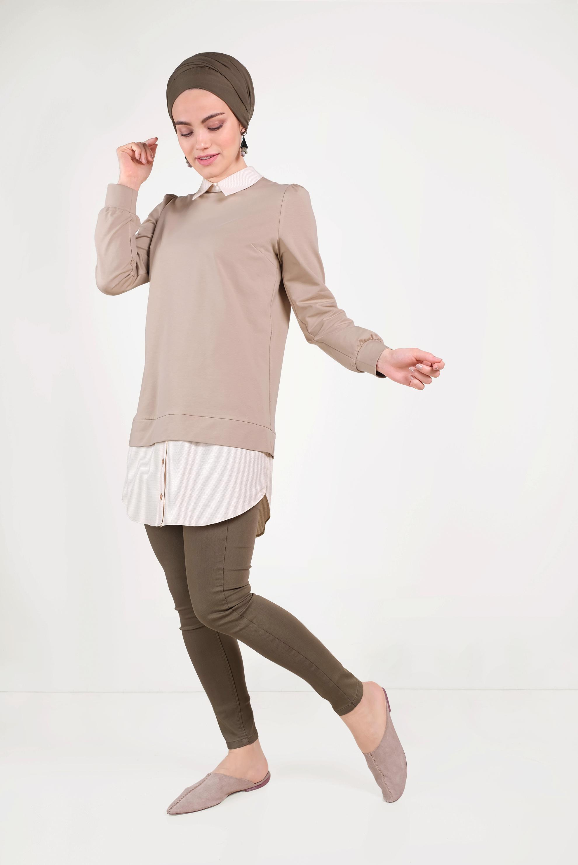 Tesettür giyim BEJ GÖMLEK PARÇALI SİVRİ YAKA TUNİK 40665