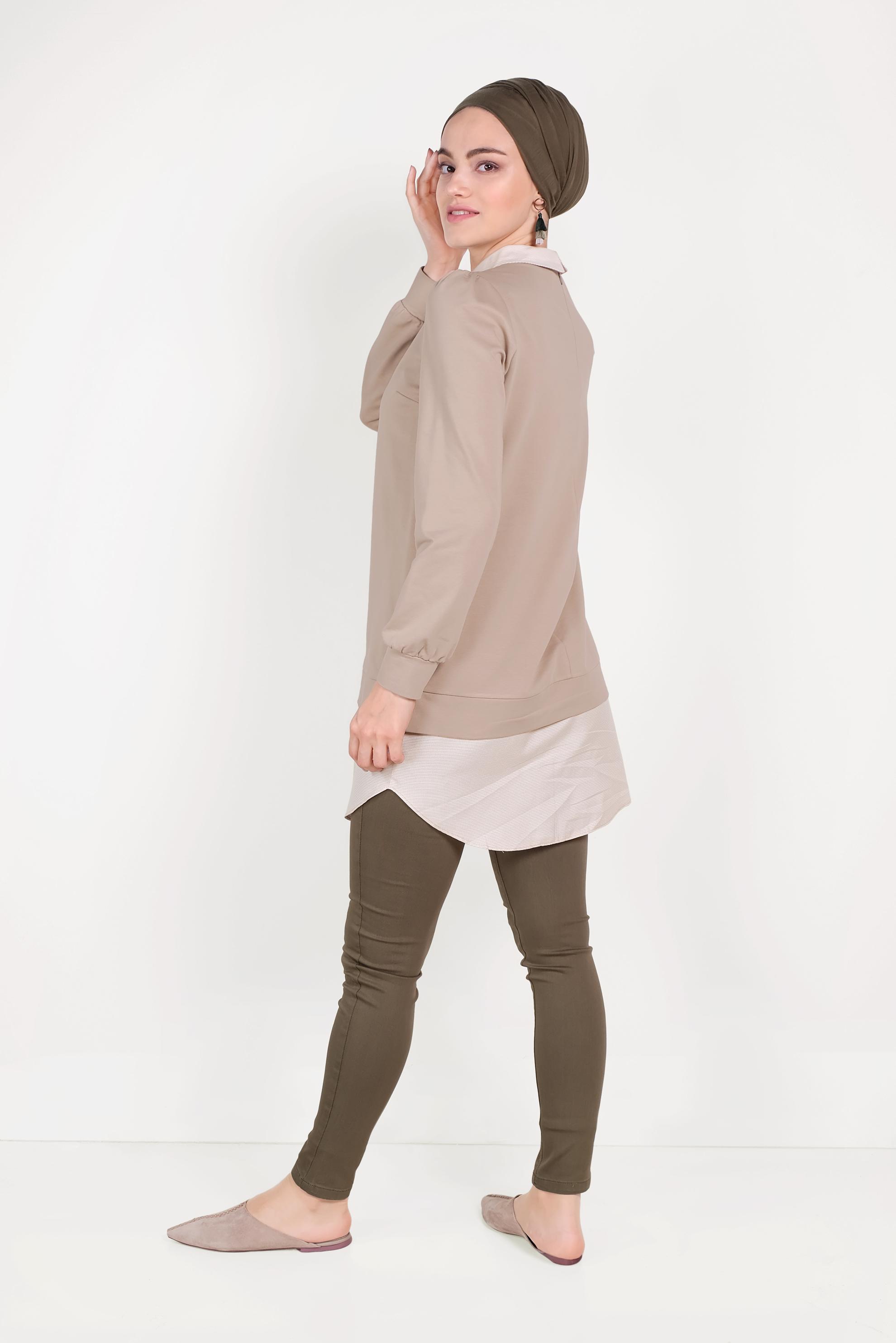 Tesettür giyim BEJ GÖMLEK PARÇALI SİVRİ YAKA TUNİK 40665