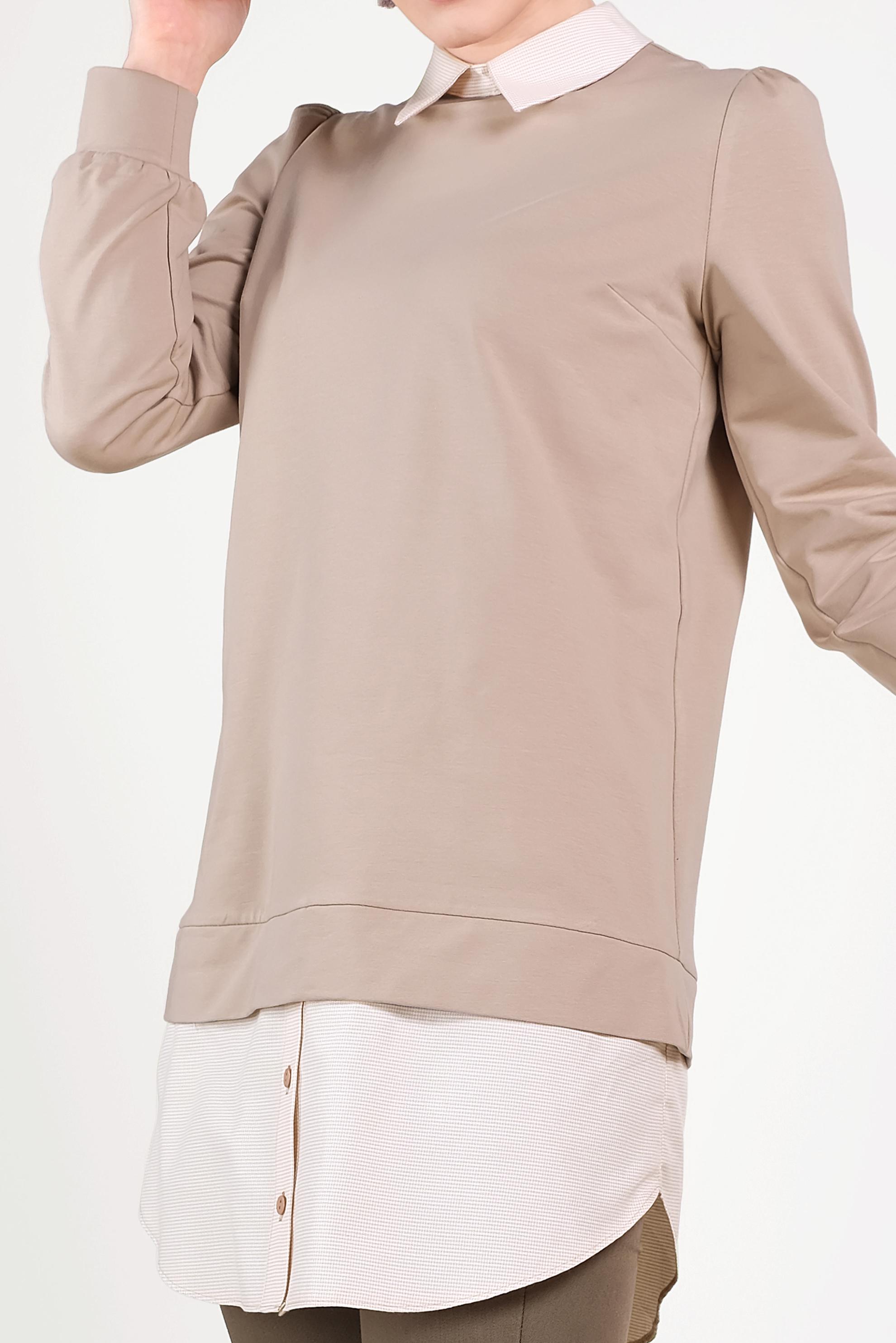 Tesettür giyim BEJ GÖMLEK PARÇALI SİVRİ YAKA TUNİK 40665