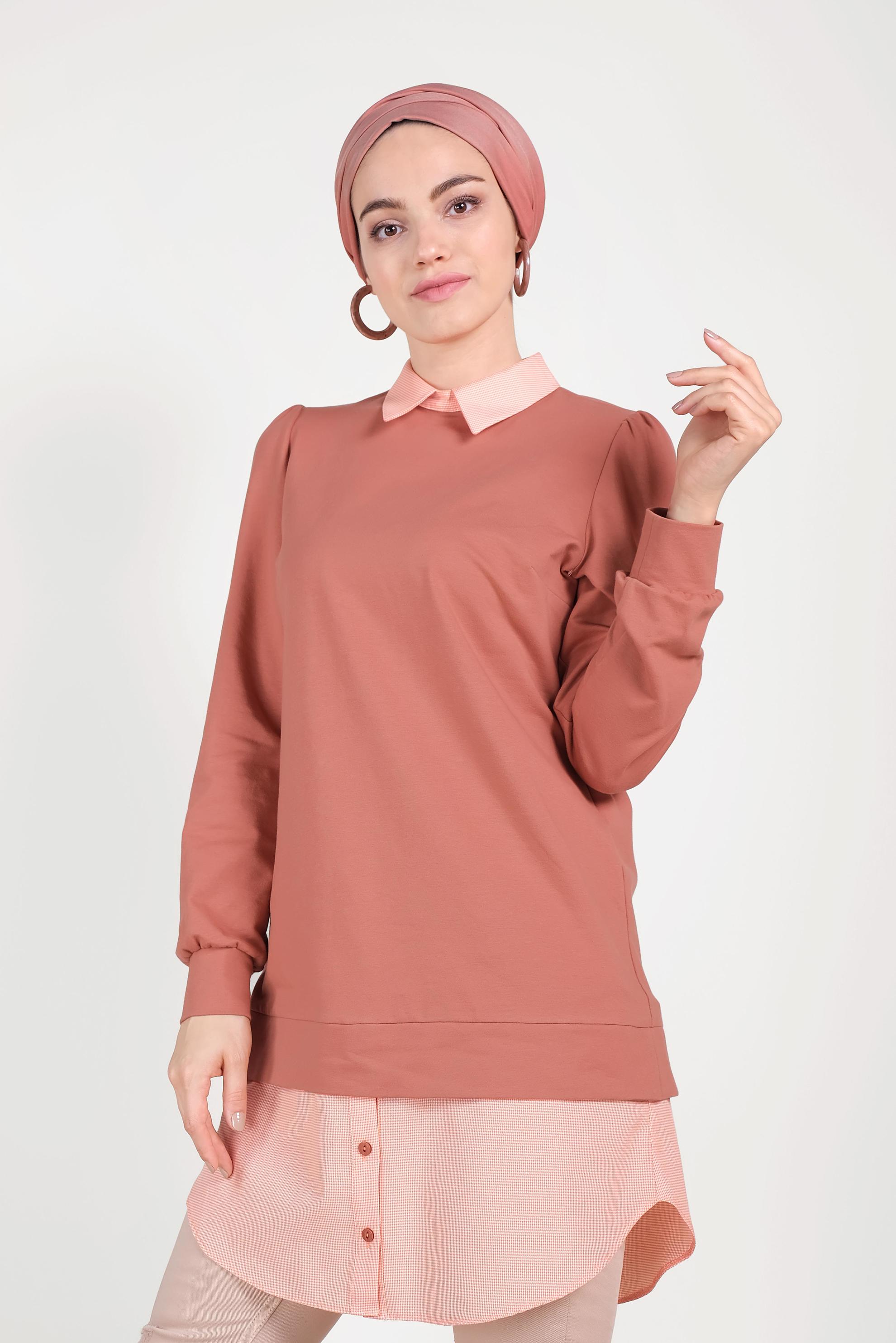 Tesettür giyim TURUNCU GÖMLEK PARÇALI SİVRİ YAKA TUNİK 40665