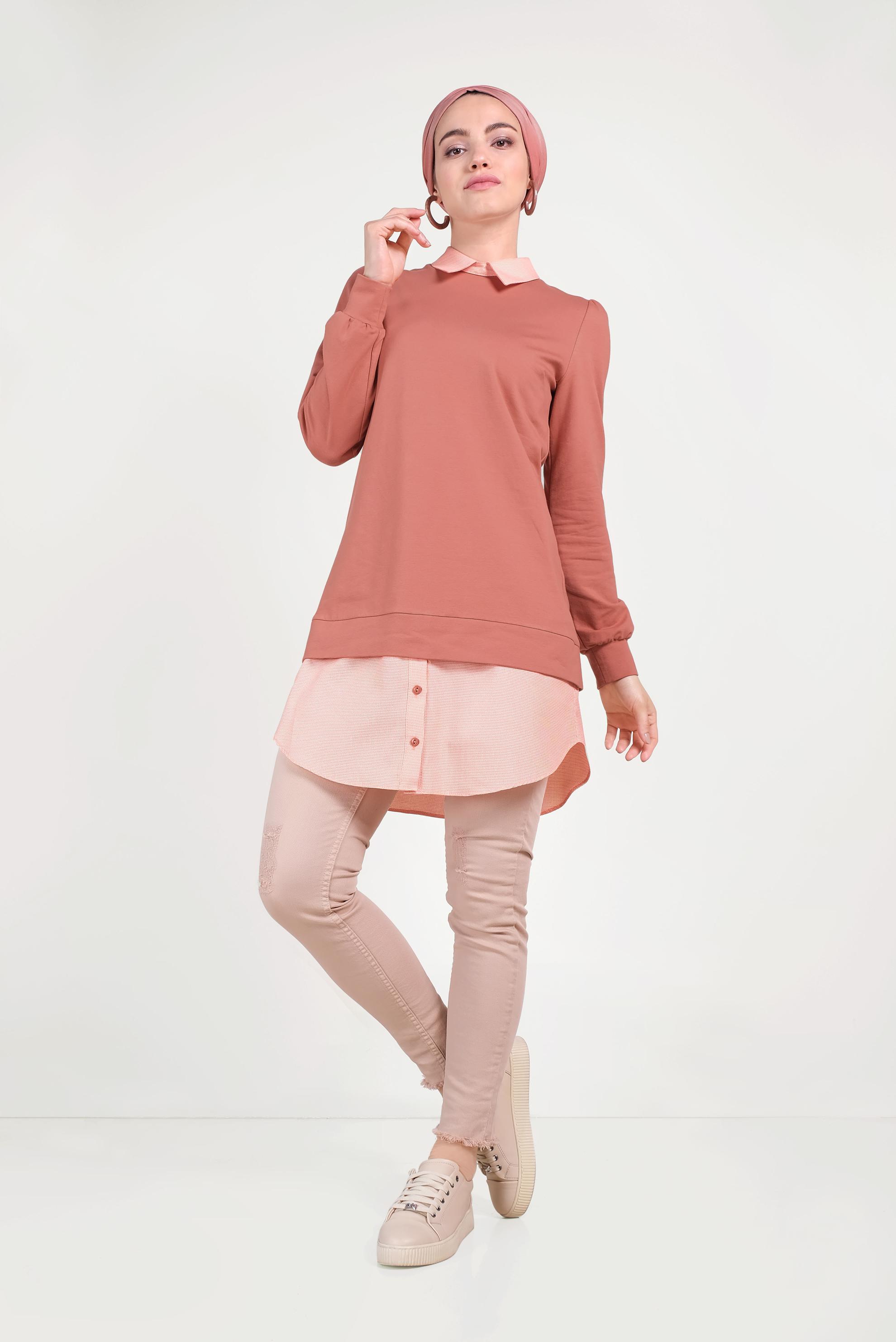 Tesettür giyim TURUNCU GÖMLEK PARÇALI SİVRİ YAKA TUNİK 40665