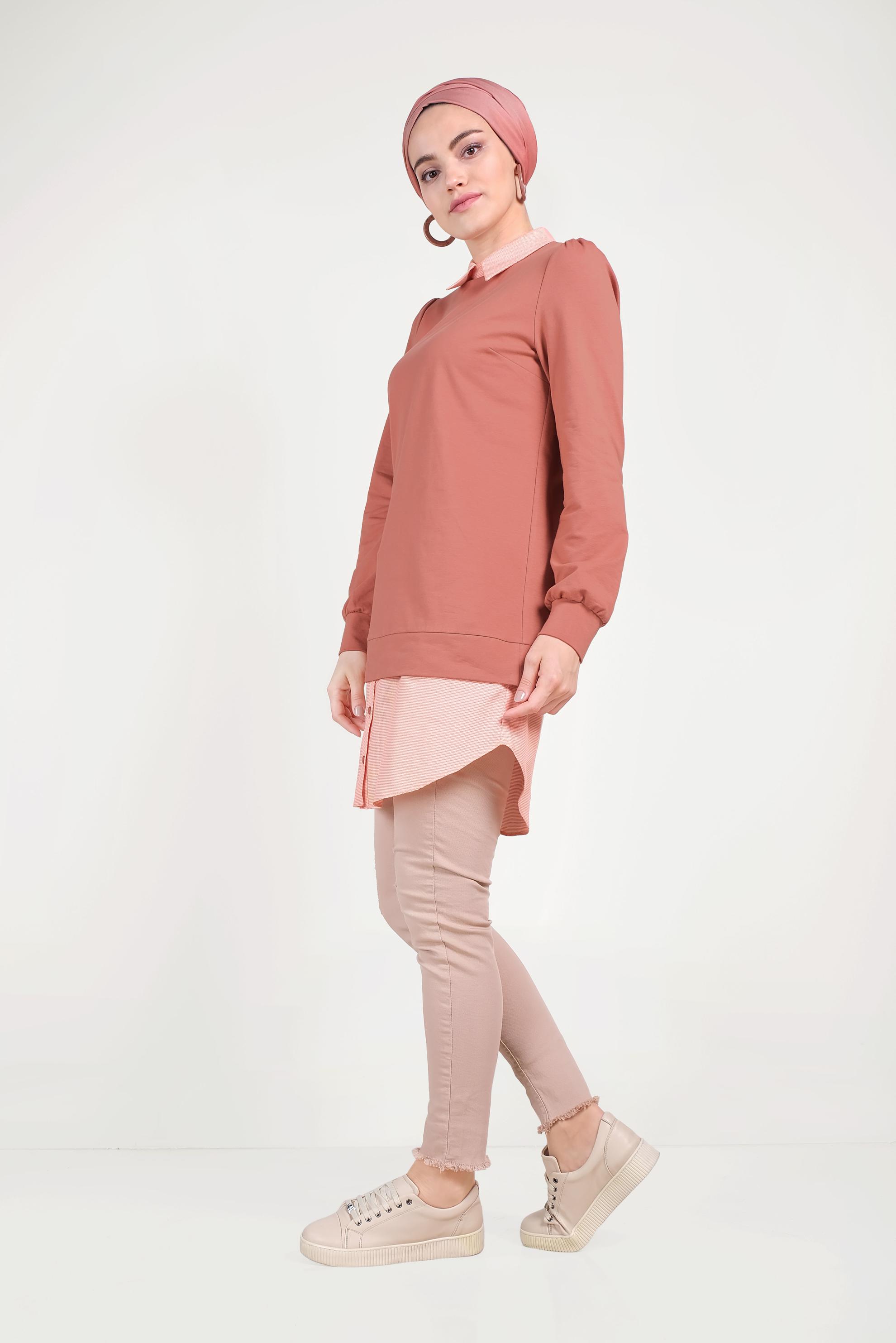 Tesettür giyim TURUNCU GÖMLEK PARÇALI SİVRİ YAKA TUNİK 40665