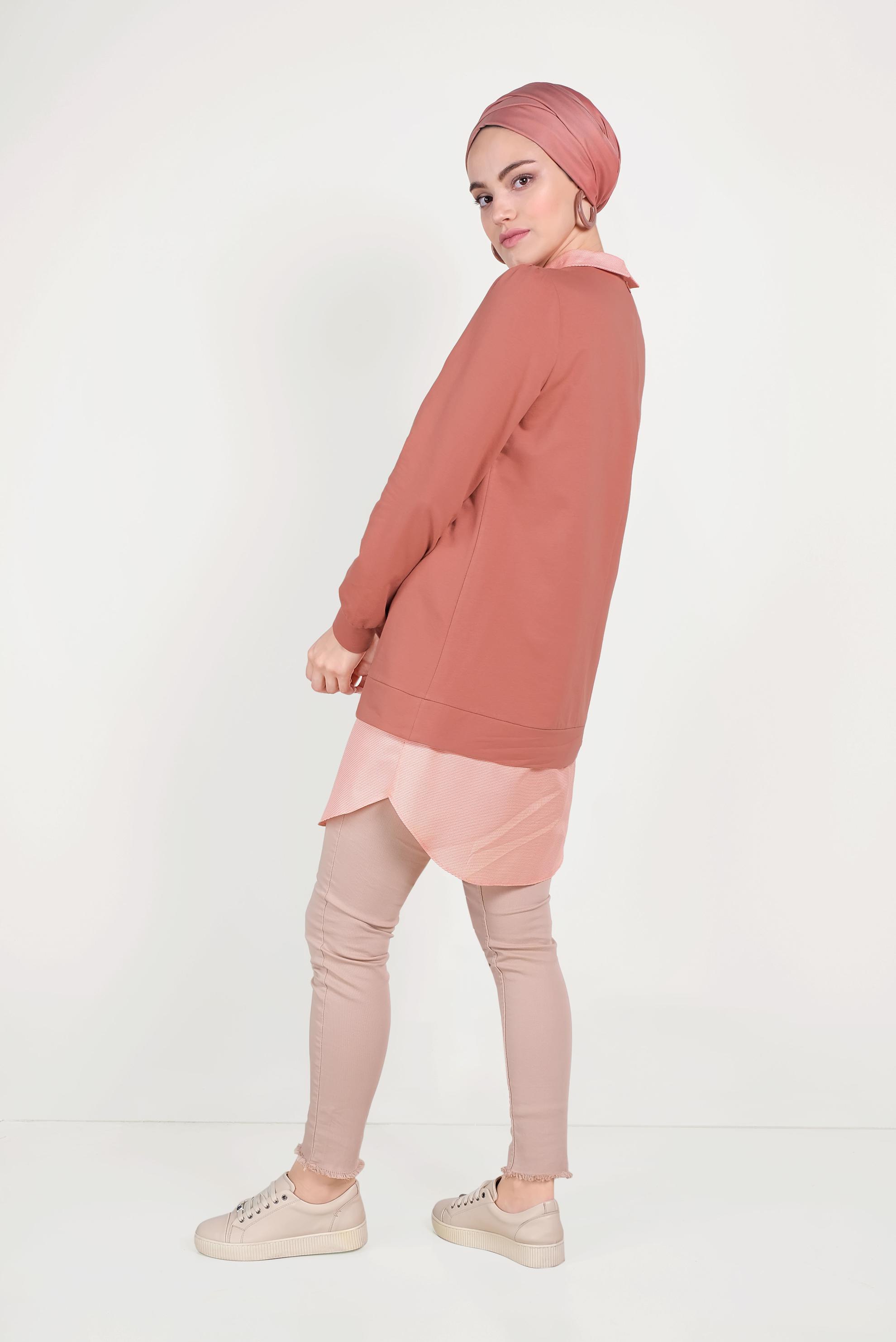 Tesettür giyim TURUNCU GÖMLEK PARÇALI SİVRİ YAKA TUNİK 40665