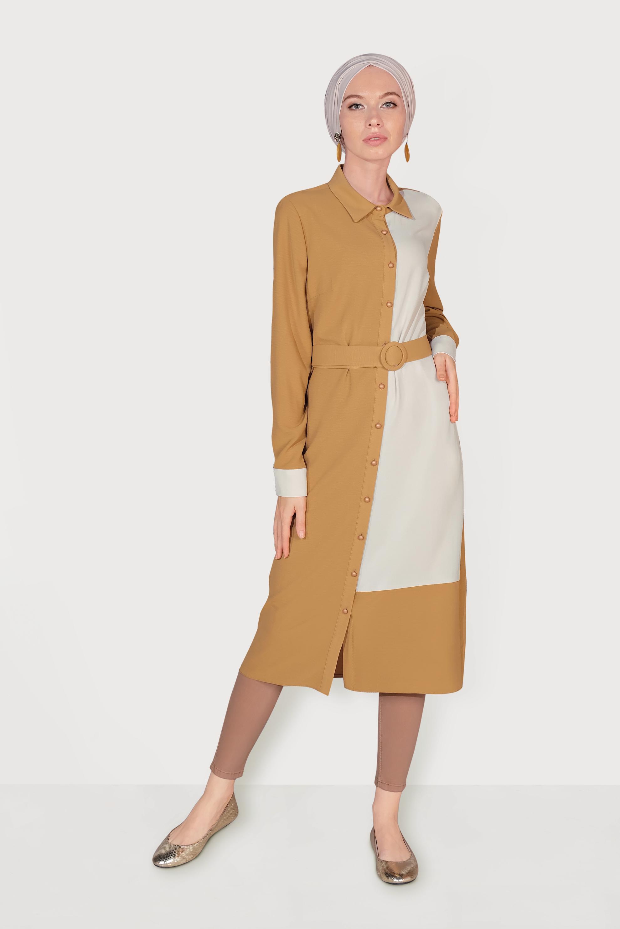 Tesettür giyim SARI BOYDAN DÜĞMELİ İKİ RENK TUNİK 40676 