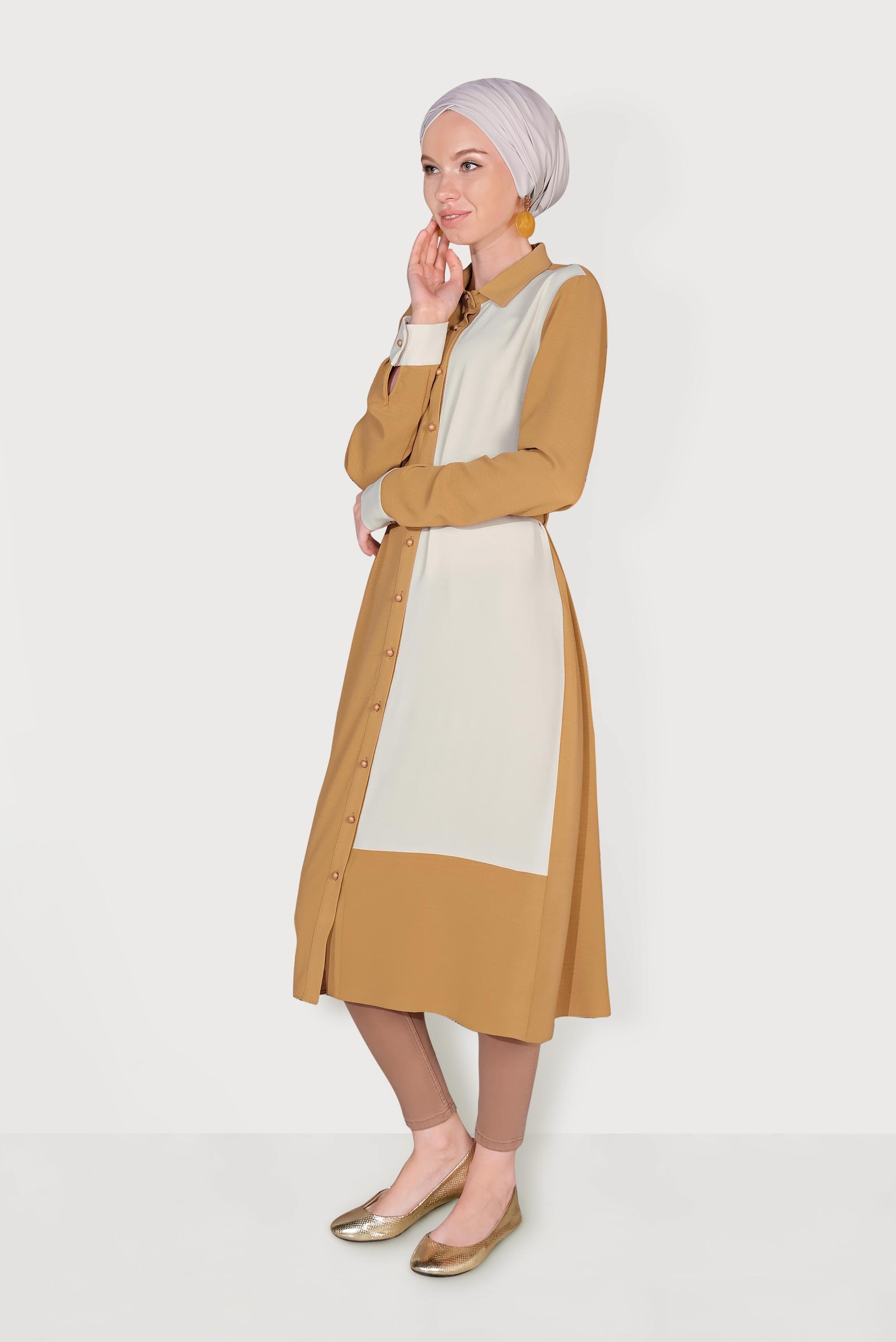 Tesettür giyim SARI BOYDAN DÜĞMELİ İKİ RENK TUNİK 40676 