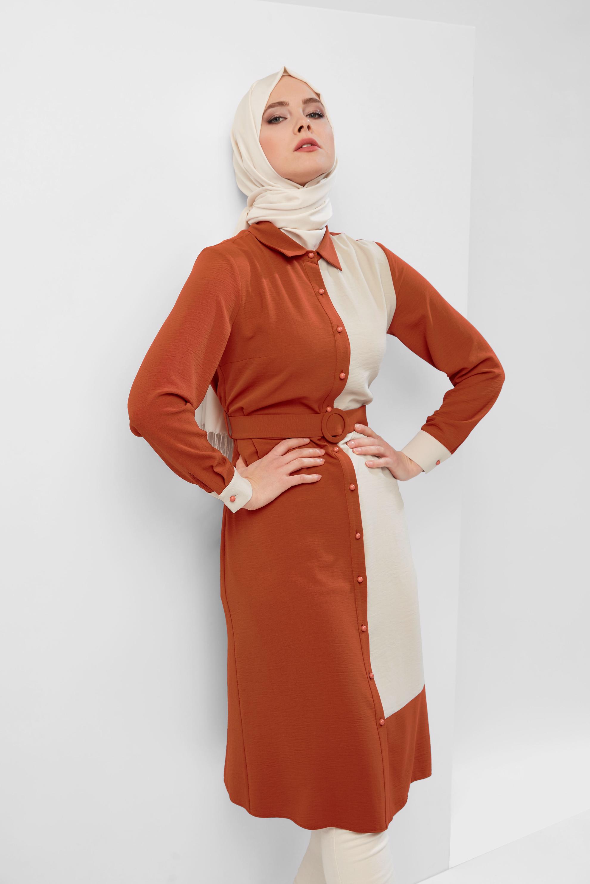 Tesettür giyim TURUNCU BOYDAN DÜĞMELİ İKİ RENK TUNİK 40676 