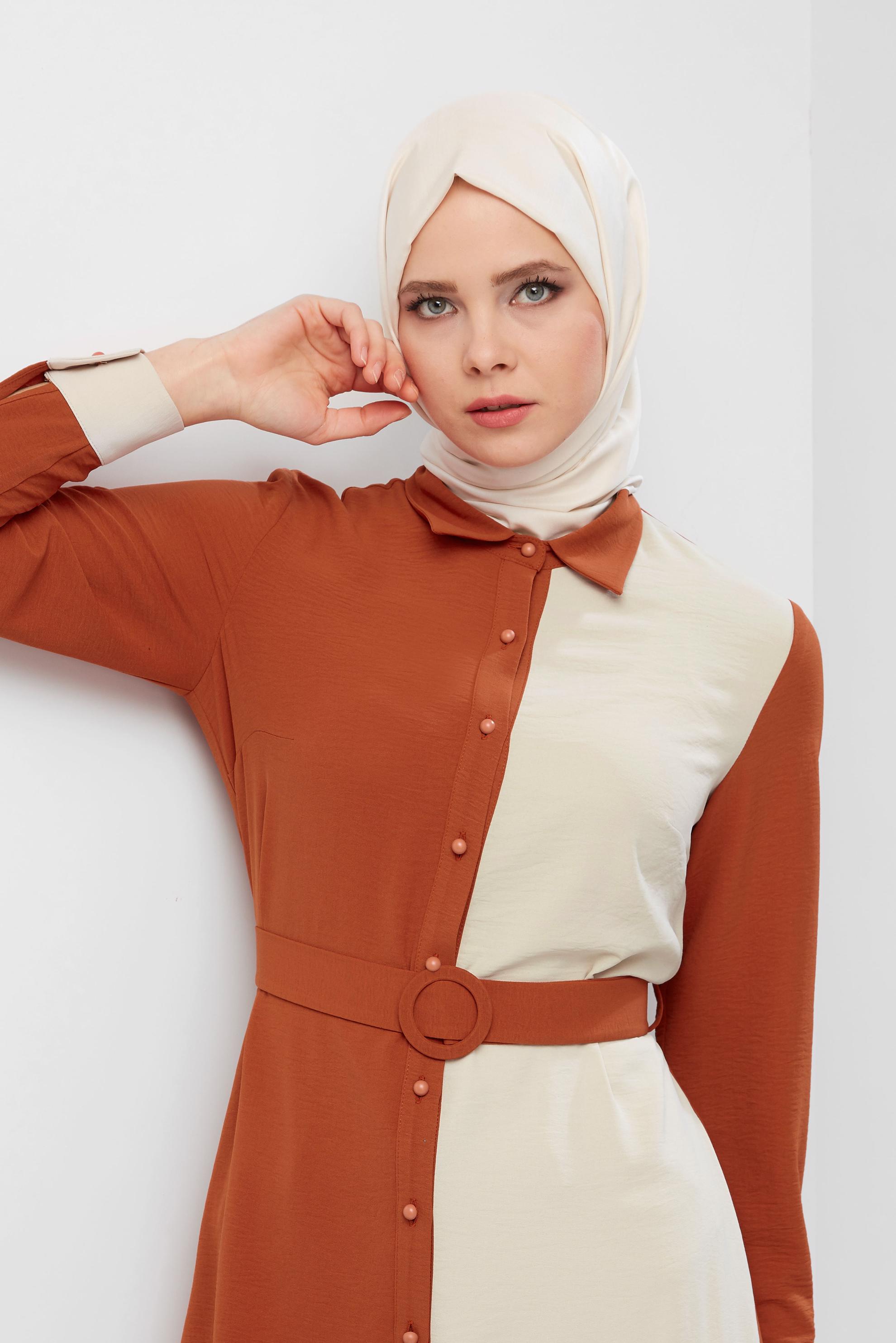 Tesettür giyim TURUNCU BOYDAN DÜĞMELİ İKİ RENK TUNİK 40676 