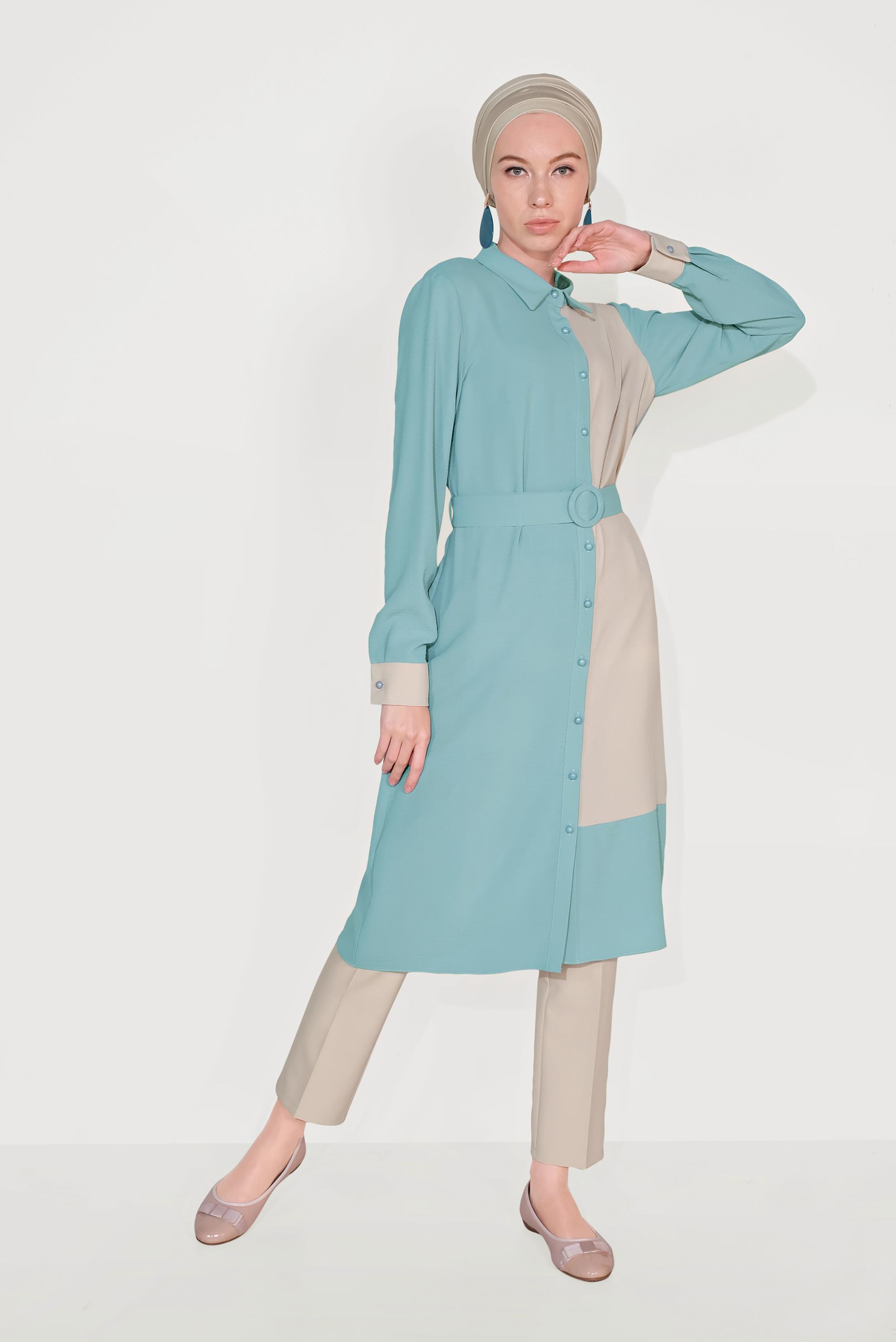 Tesettür giyim MAVİ BOYDAN DÜĞMELİ İKİ RENK TUNİK 40676 