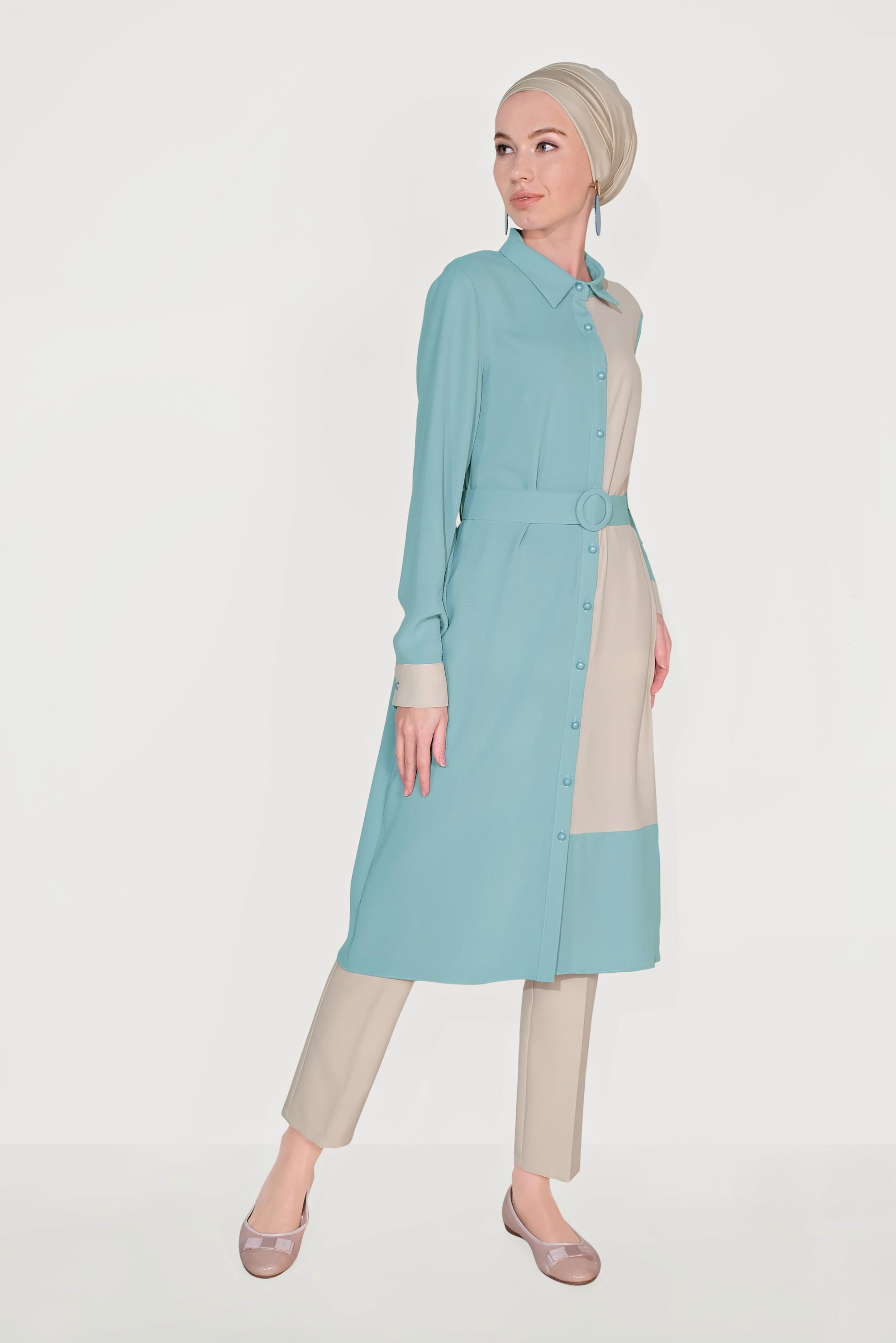 Tesettür giyim MAVİ BOYDAN DÜĞMELİ İKİ RENK TUNİK 40676 