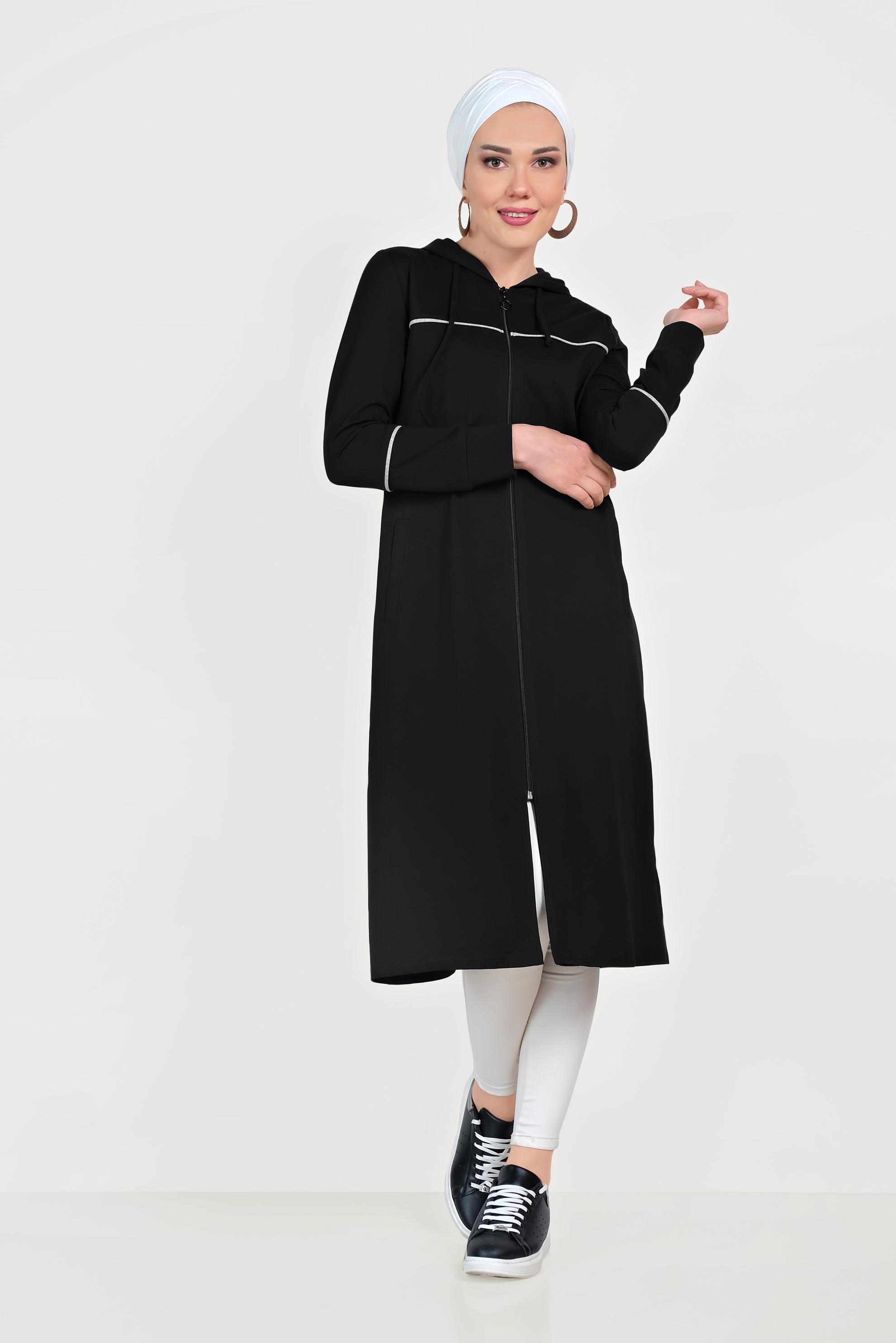 Tesettür giyim SİYAH PAMUKLU CEPLİ KAPÜŞONLU EŞOFMAN TUNİK 40681