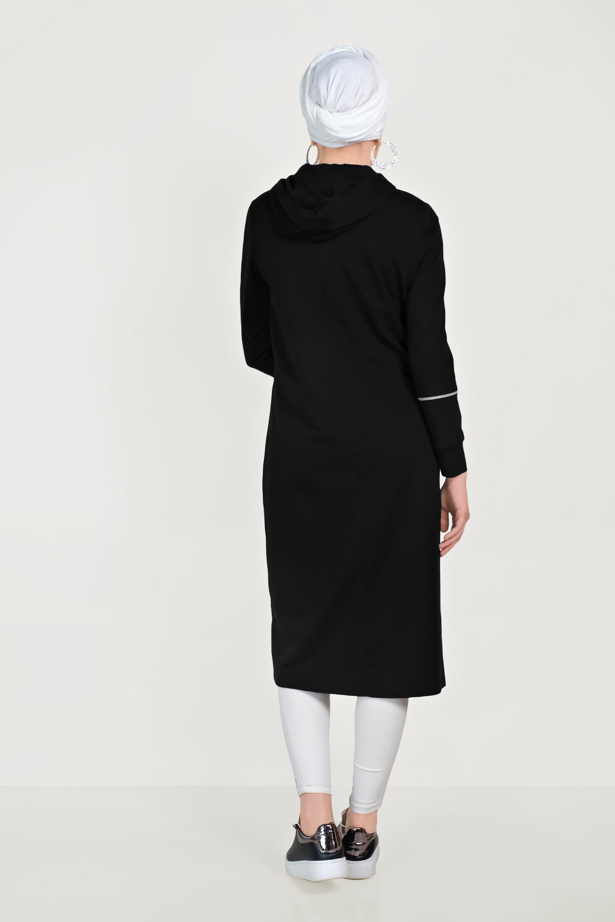 Tesettür giyim SİYAH PAMUKLU CEPLİ KAPÜŞONLU EŞOFMAN TUNİK 40681