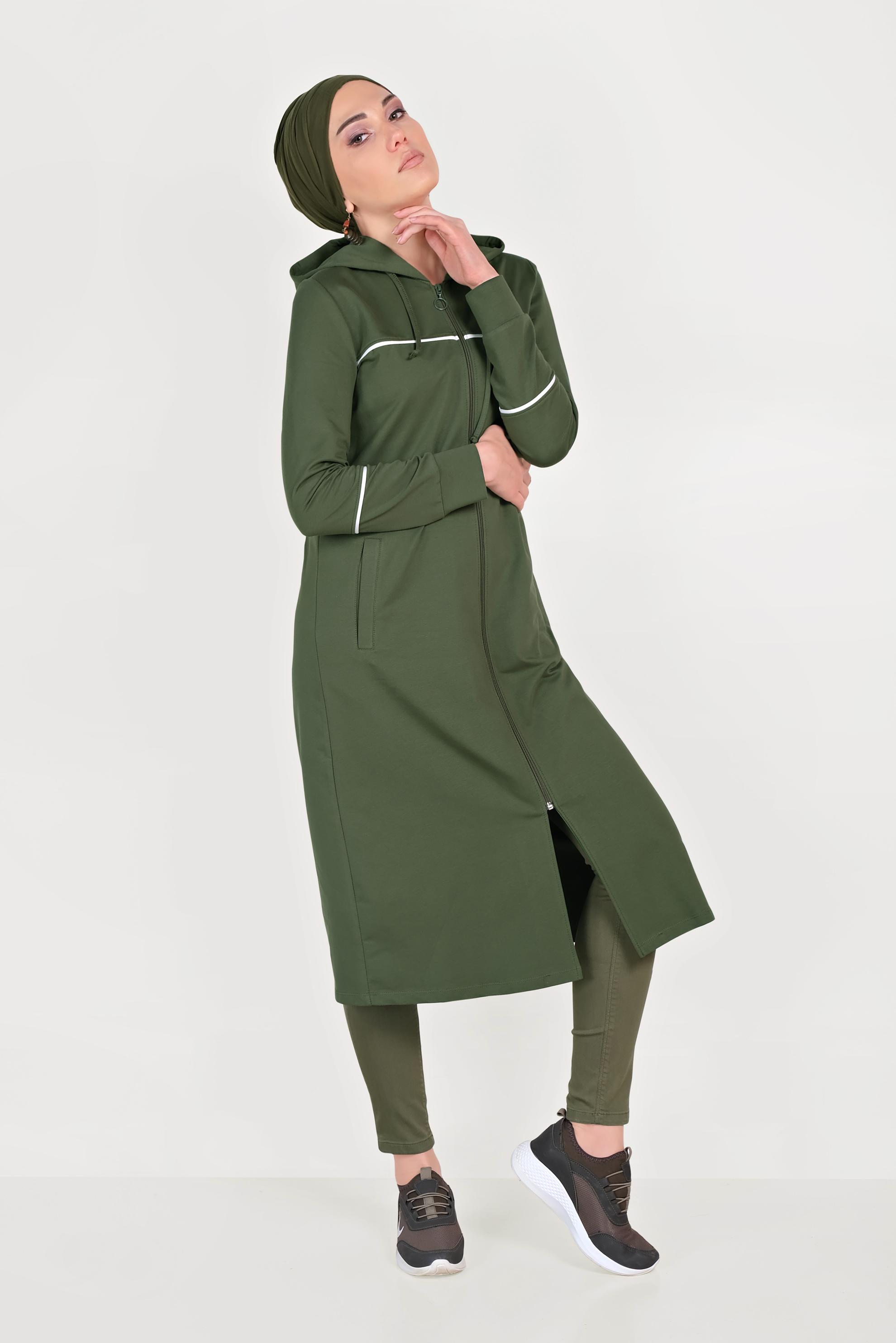 Tesettür giyim HAKİ PAMUKLU CEPLİ KAPÜŞONLU EŞOFMAN TUNİK 40681