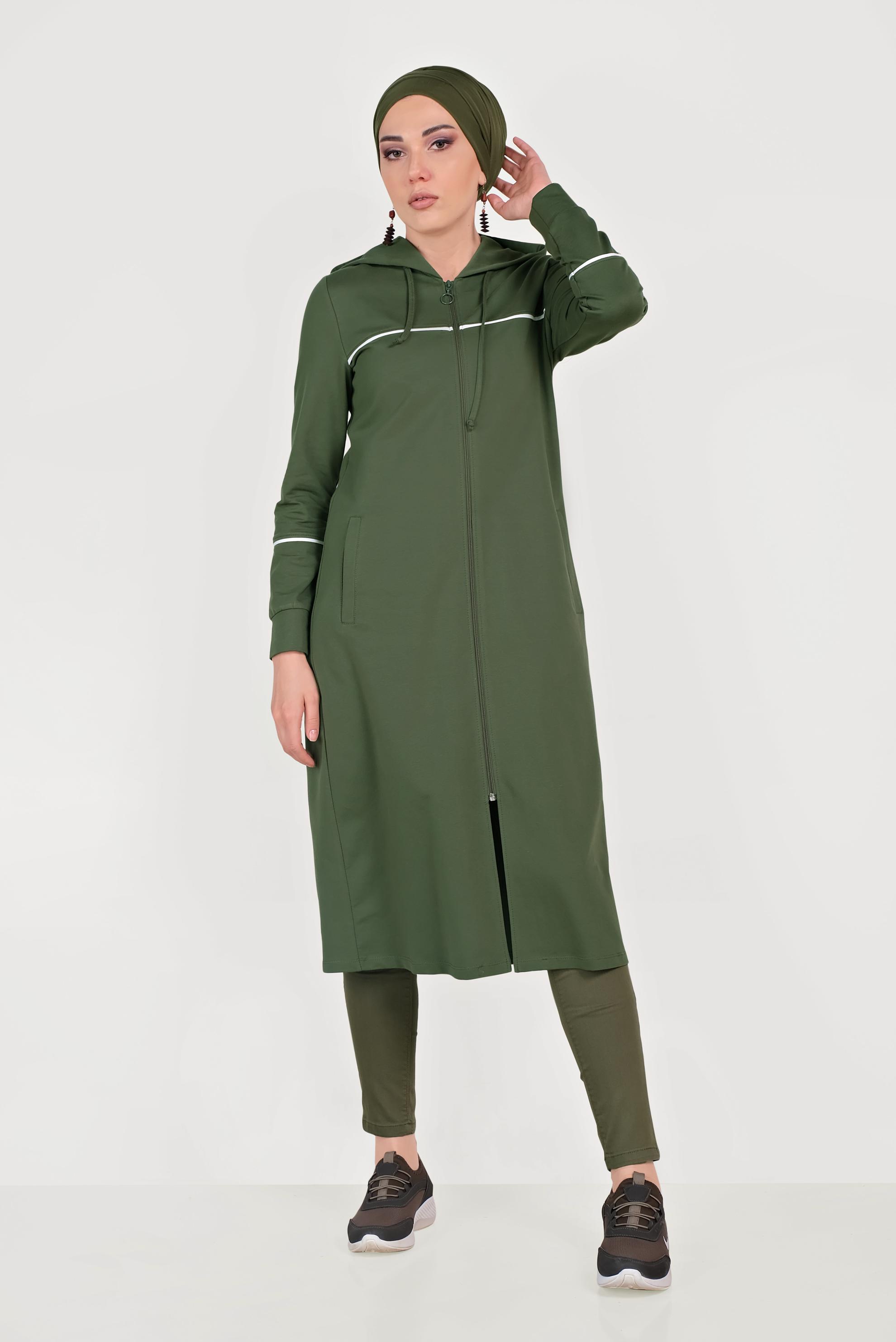 Tesettür giyim HAKİ PAMUKLU CEPLİ KAPÜŞONLU EŞOFMAN TUNİK 40681