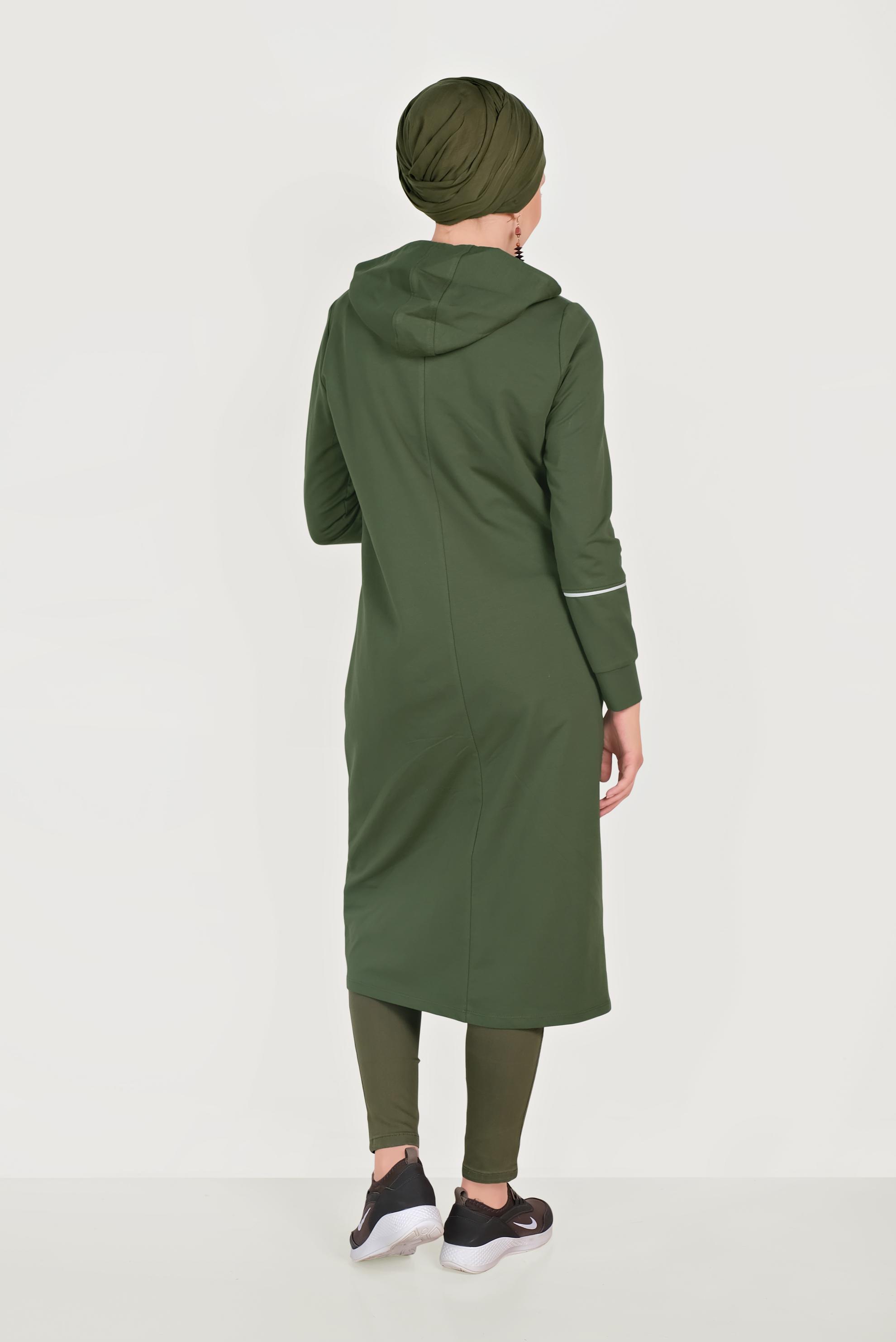 Tesettür giyim HAKİ PAMUKLU CEPLİ KAPÜŞONLU EŞOFMAN TUNİK 40681