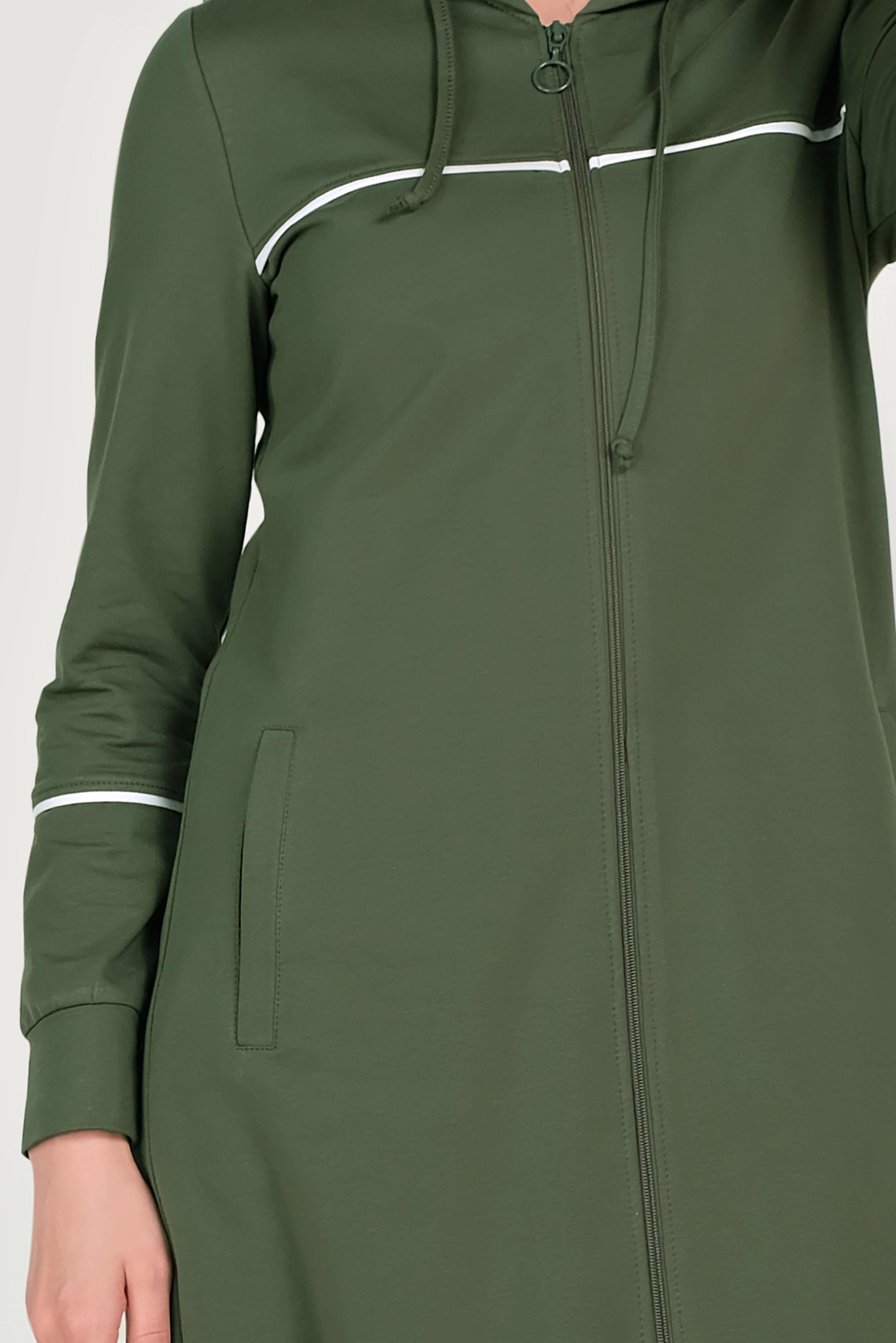 Tesettür giyim HAKİ PAMUKLU CEPLİ KAPÜŞONLU EŞOFMAN TUNİK 40681