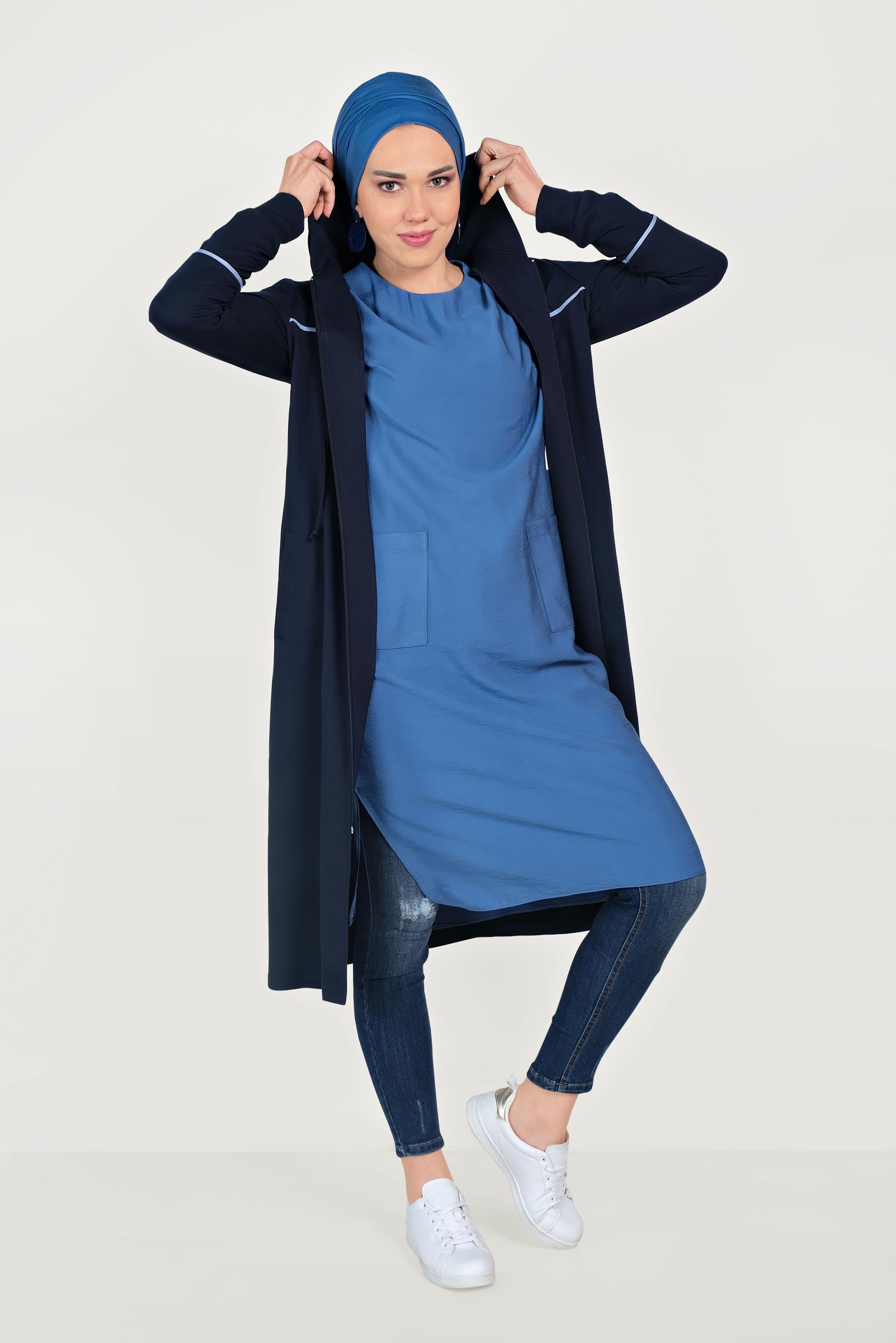 Tesettür giyim LACİVERT PAMUKLU CEPLİ KAPÜŞONLU EŞOFMAN TUNİK 40681