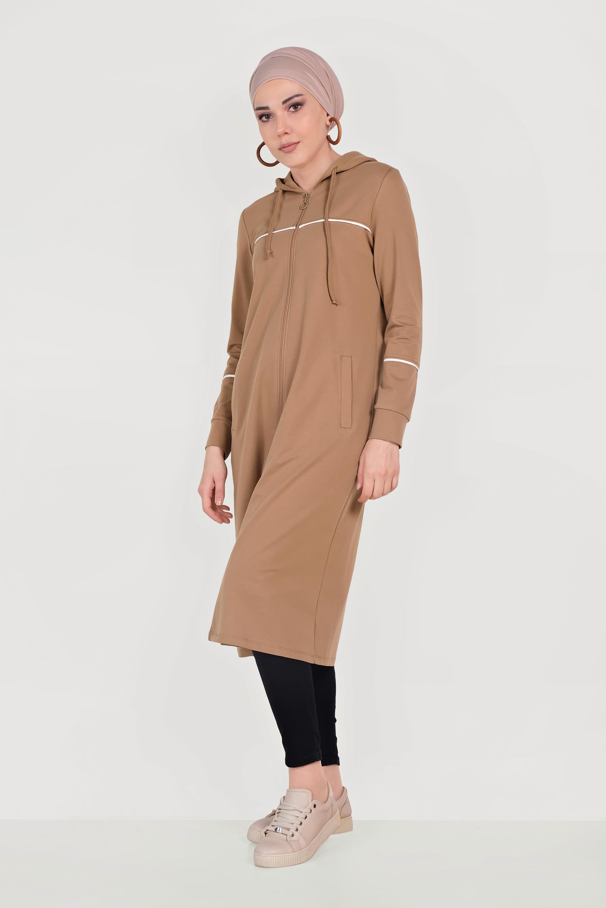 Tesettür giyim KAHVE PAMUKLU CEPLİ KAPÜŞONLU EŞOFMAN TUNİK 40681