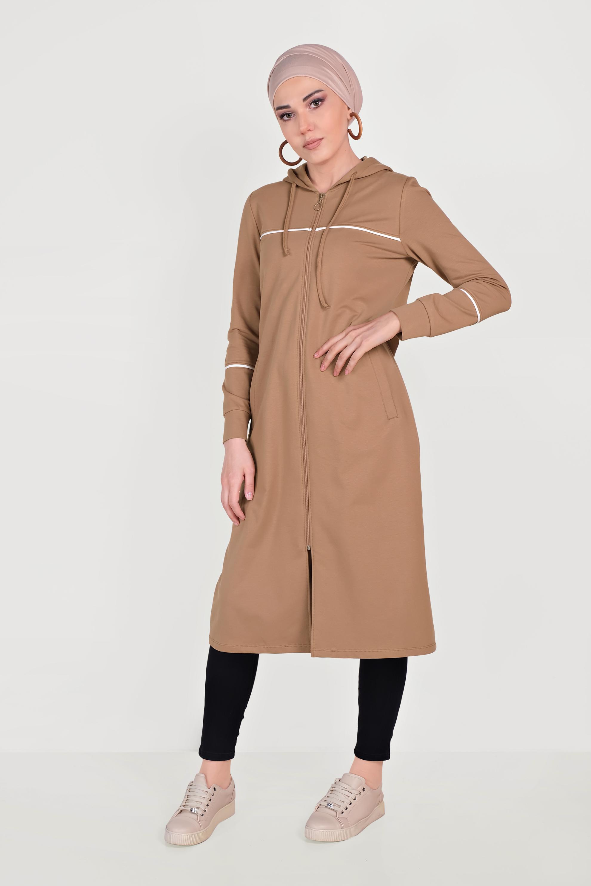 Tesettür giyim KAHVE PAMUKLU CEPLİ KAPÜŞONLU EŞOFMAN TUNİK 40681